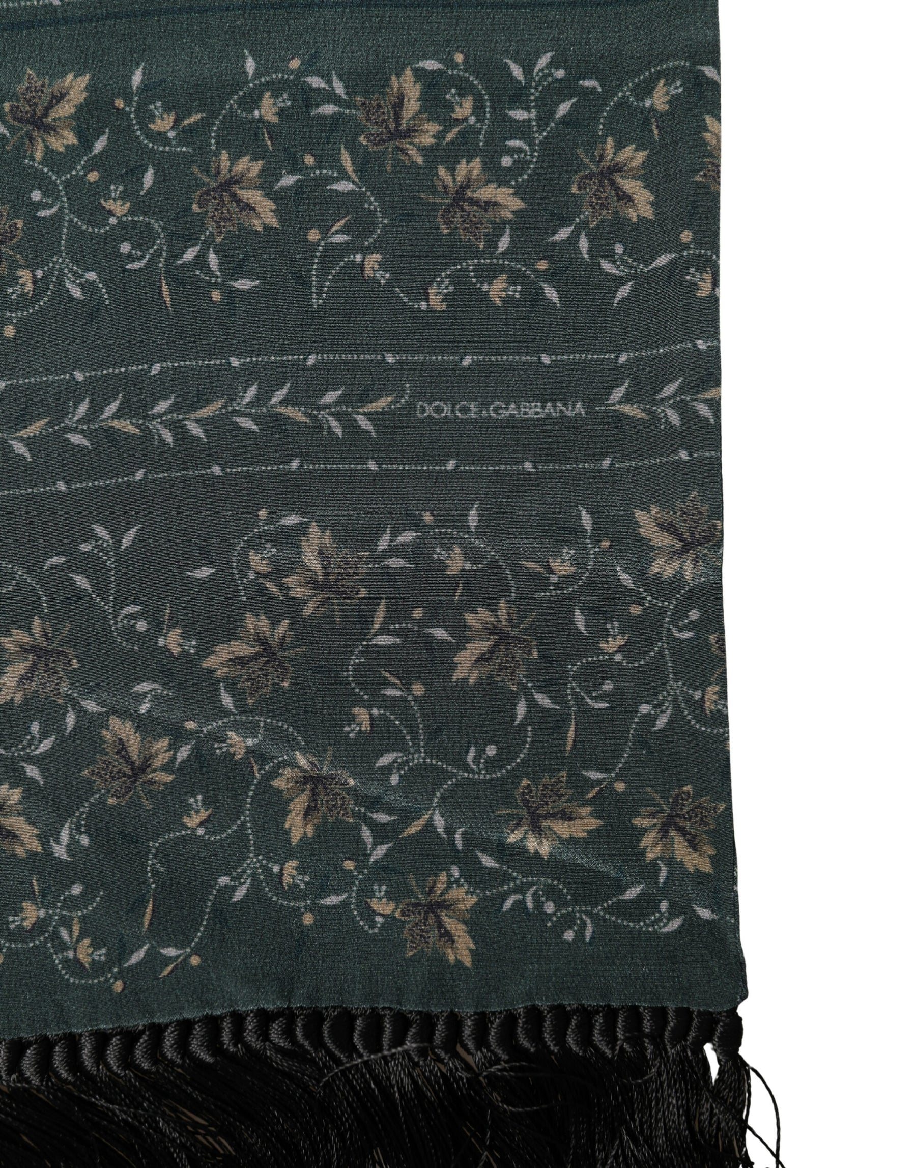 Dolce & Gabbana Green Silk Floral Pattern Fringed 135cm X 16cm  Scarf | Regal Royce