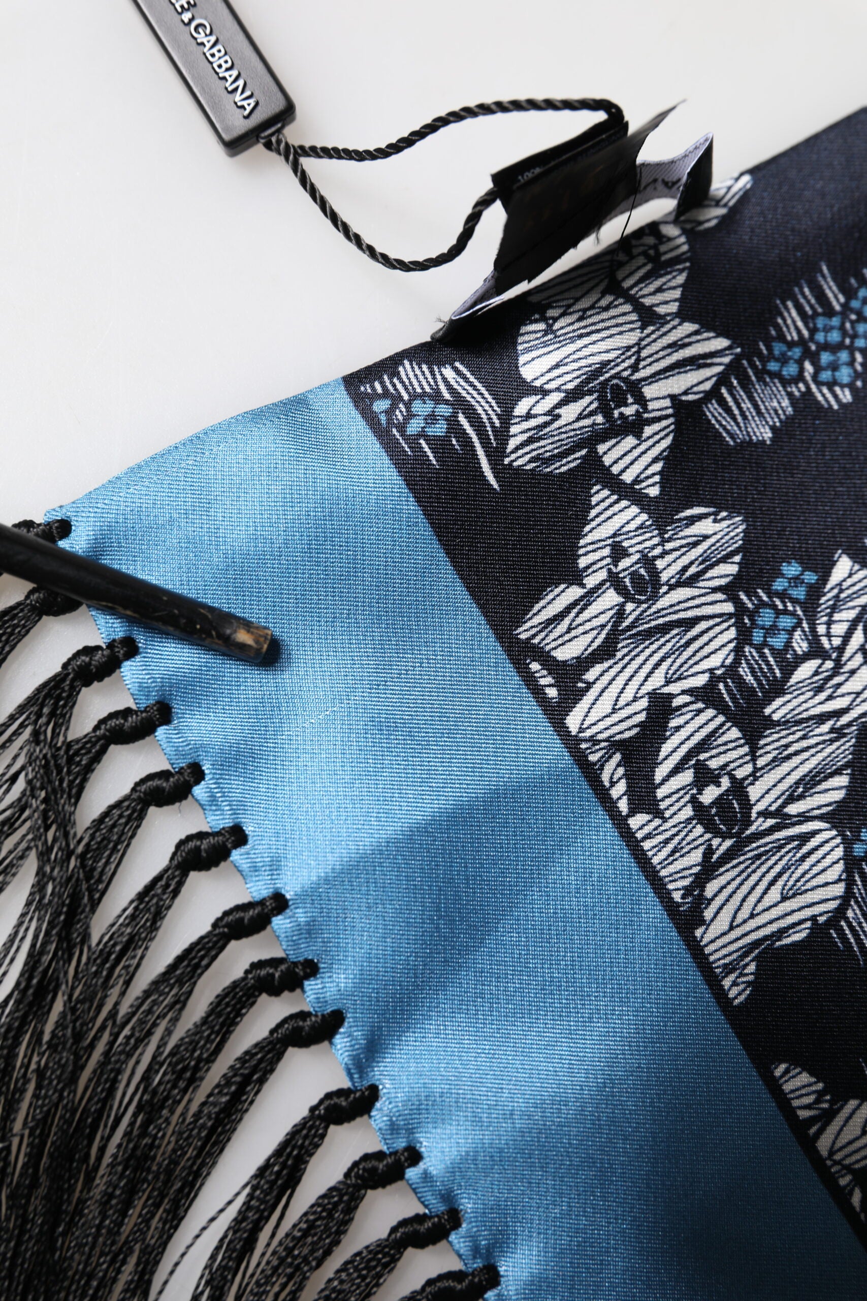 Dolce & Gabbana Black Blue Silk Floral Pattern Fringe 140cm x 16cm  Scarf | Regal Royce