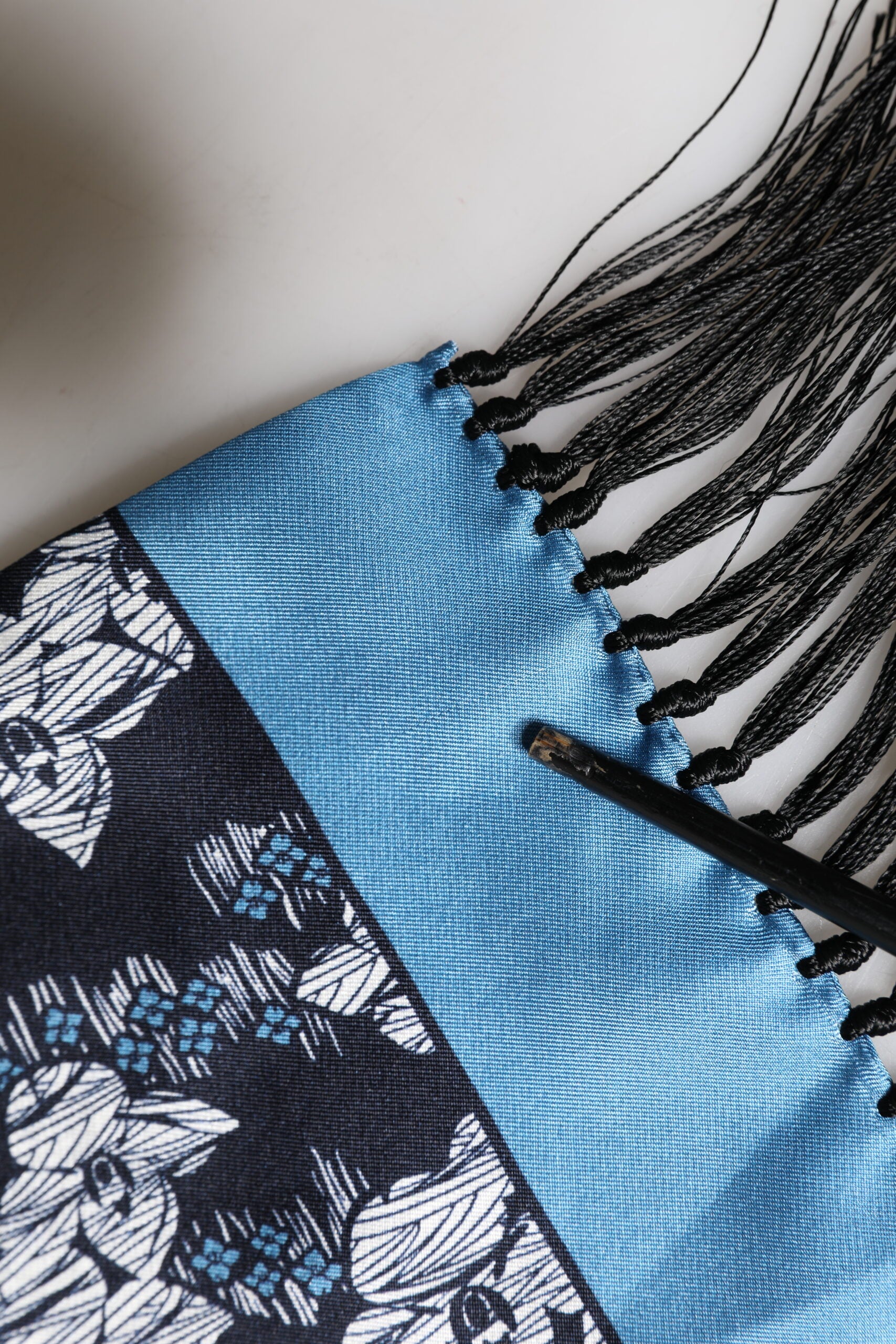 Dolce & Gabbana Black Blue Silk Floral Pattern Fringe 140cm x 16cm  Scarf | Regal Royce