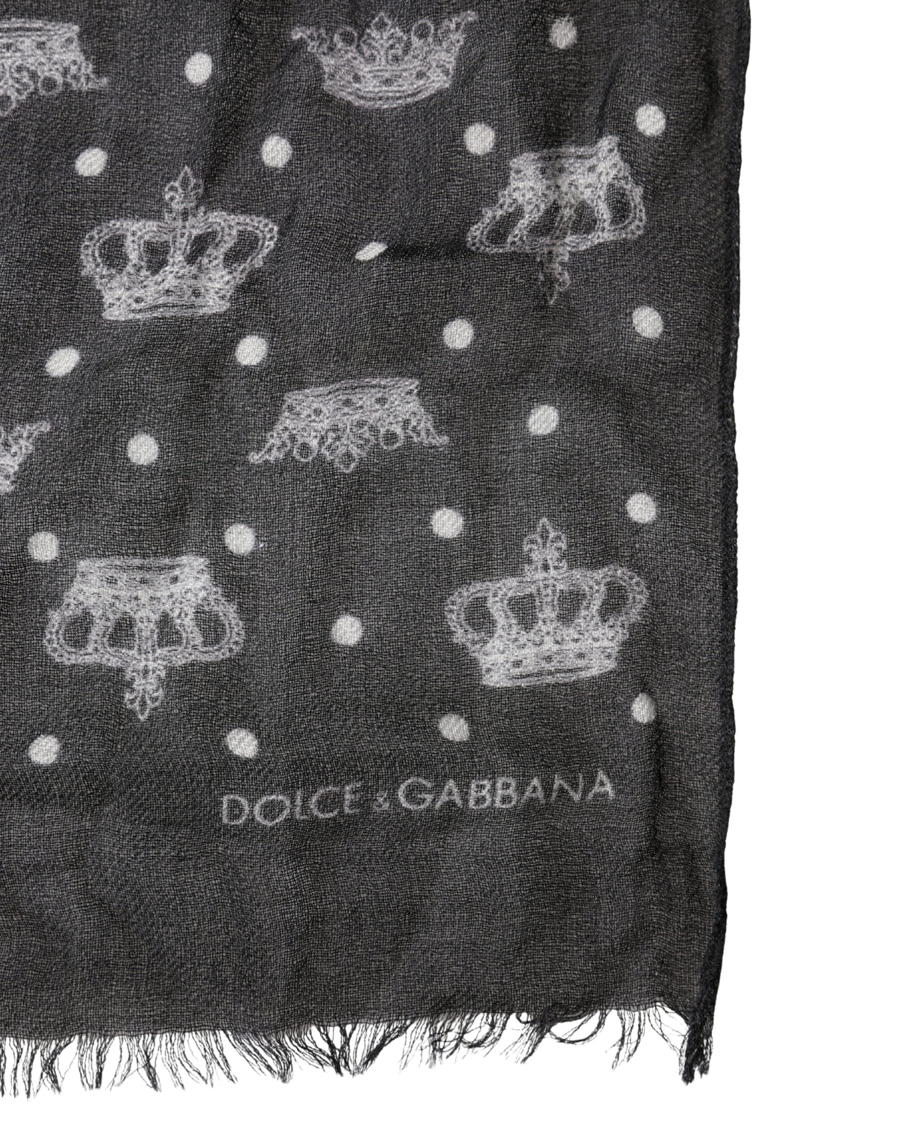Dolce & Gabbana Black Wool Crown Print Fringe Neck Wrap 180cm x 65cm Scarf | Regal Royce