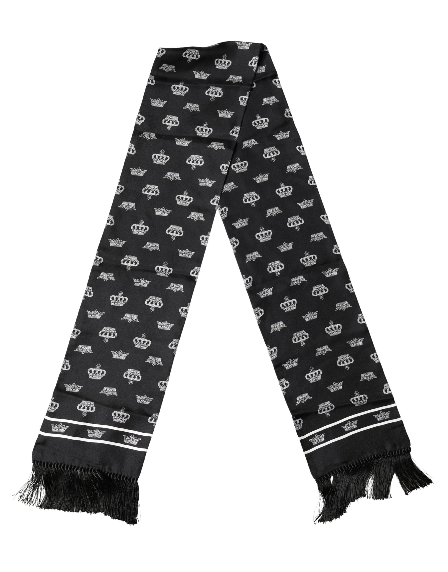 Dolce & Gabbana Black Silk Crown Fringes Neck Wrap Shawl 136cm X 15cm Scarf | Regal Royce