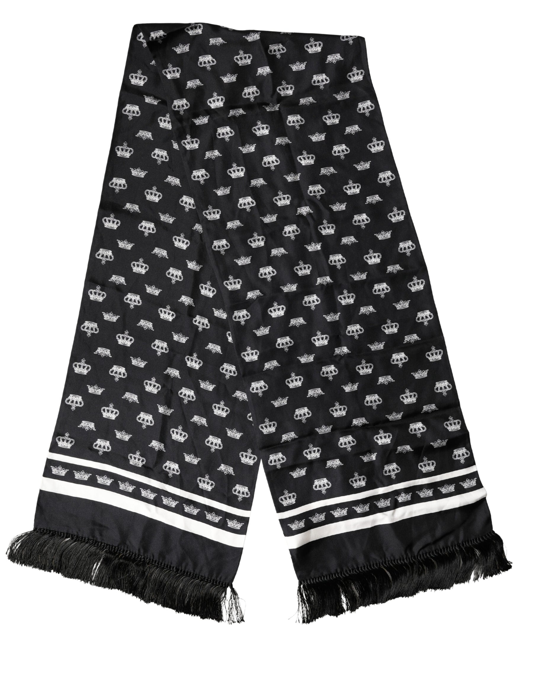Dolce & Gabbana Black Silk Crown Fringe Neck Wrap 173cm x 32.5cm Scarf | Regal Royce