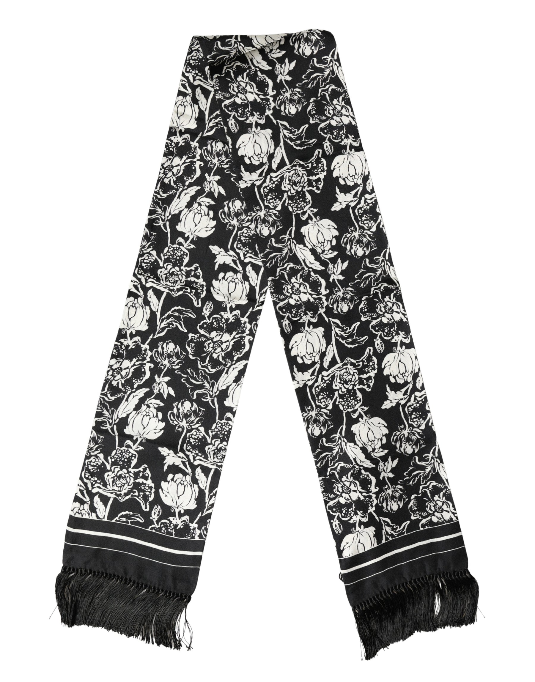 Dolce & Gabbana Black White Silk Floral Print Fringe 136cm X 15.5cm  Scarf | Regal Royce