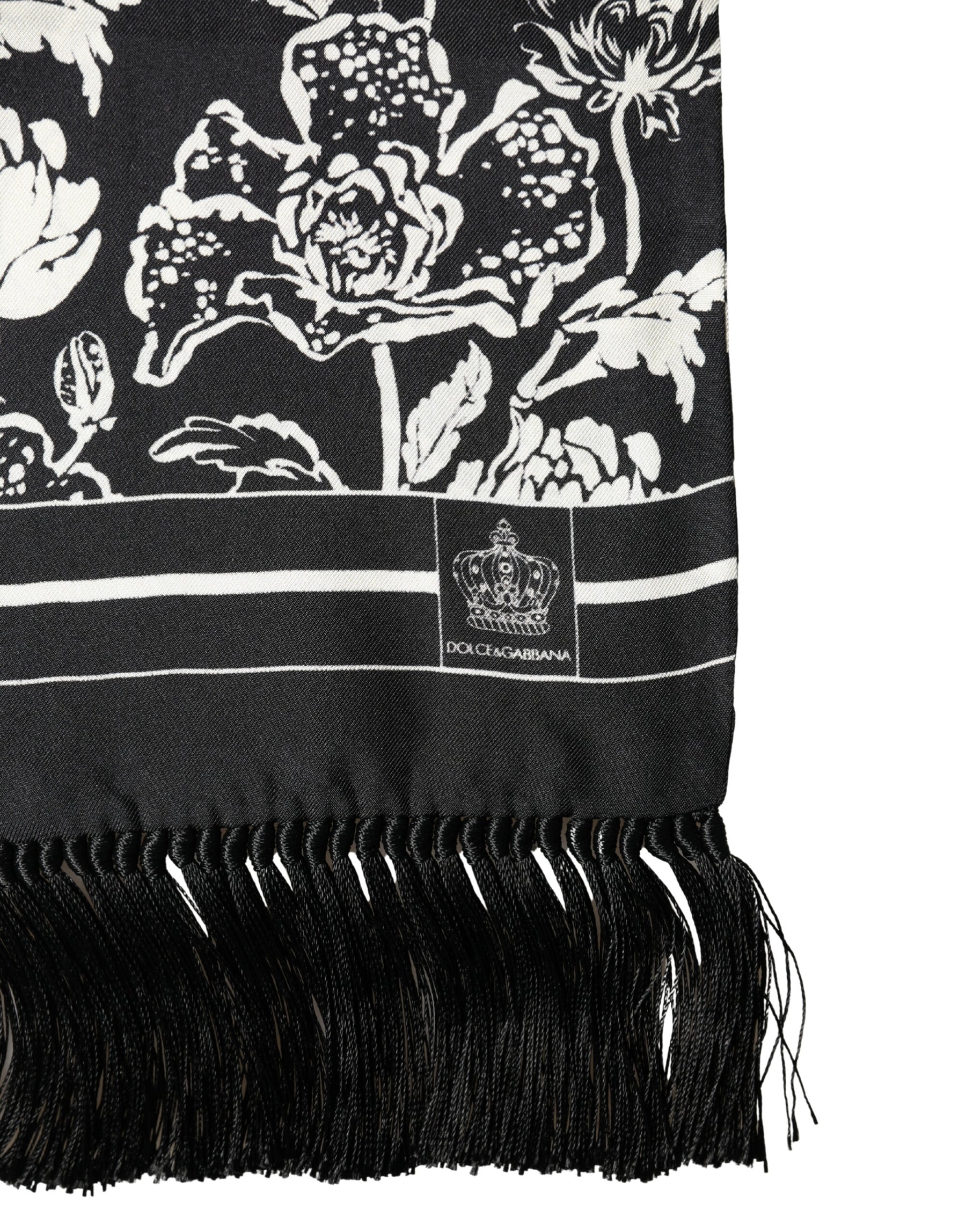 Dolce & Gabbana Black White Silk Floral Print Fringe 136cm X 15.5cm  Scarf | Regal Royce