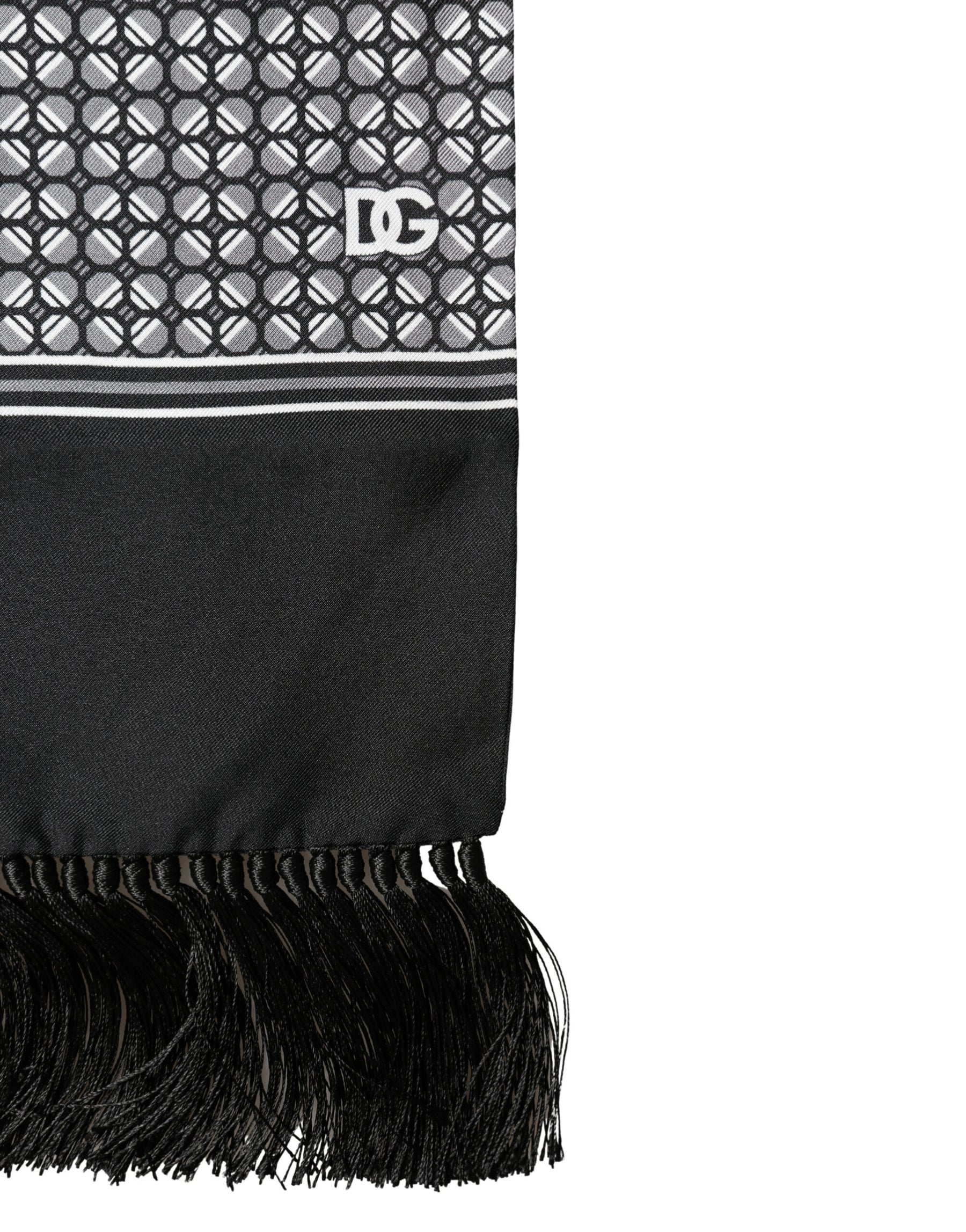 Dolce & Gabbana Black Silk Geometric Fringed Foulard 140cm x 15cm Scarf | Regal Royce