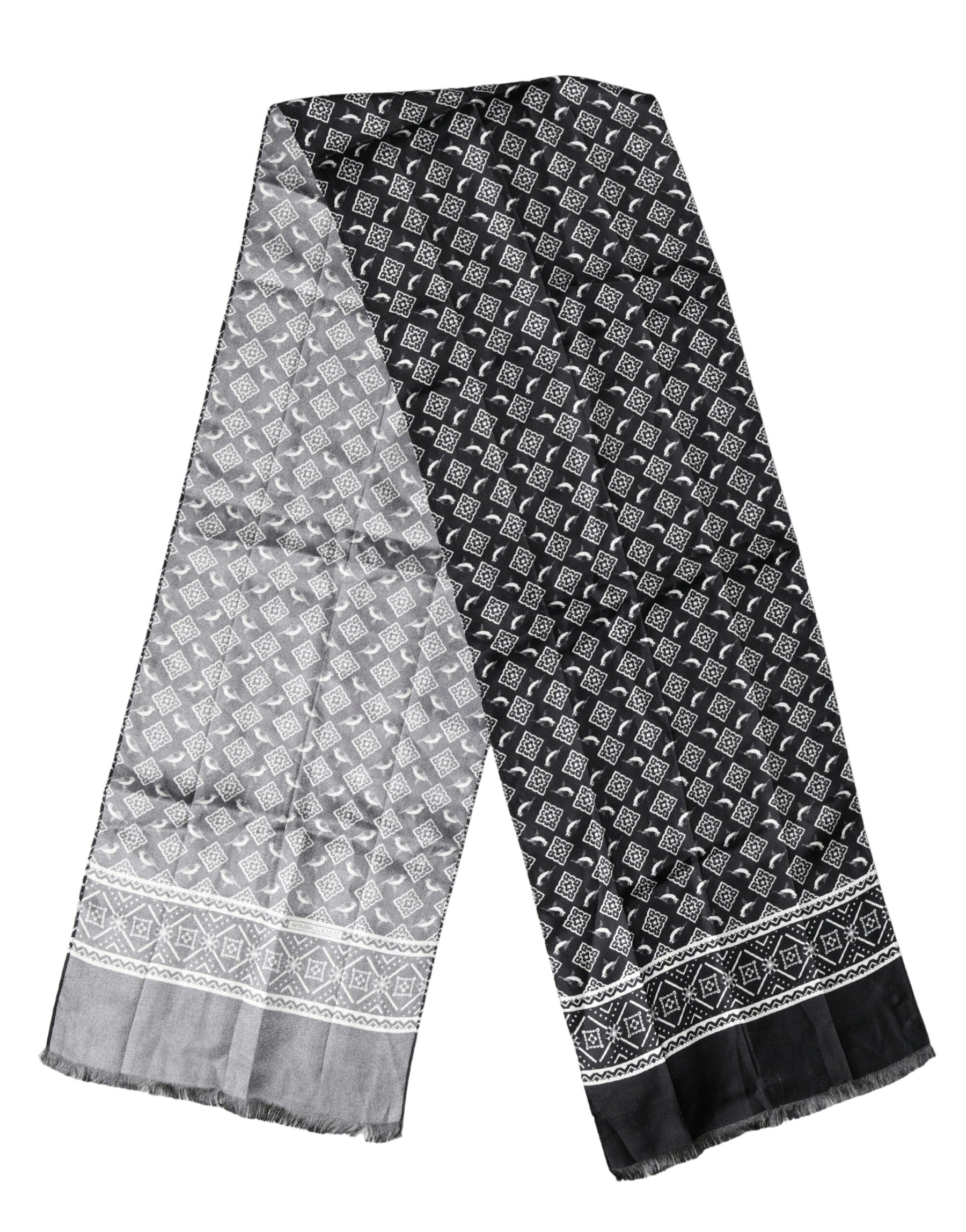 Dolce & Gabbana Black Gray Silk Bird Fringe Wrap Foulard 140cm X 23cm Scarf | Regal Royce