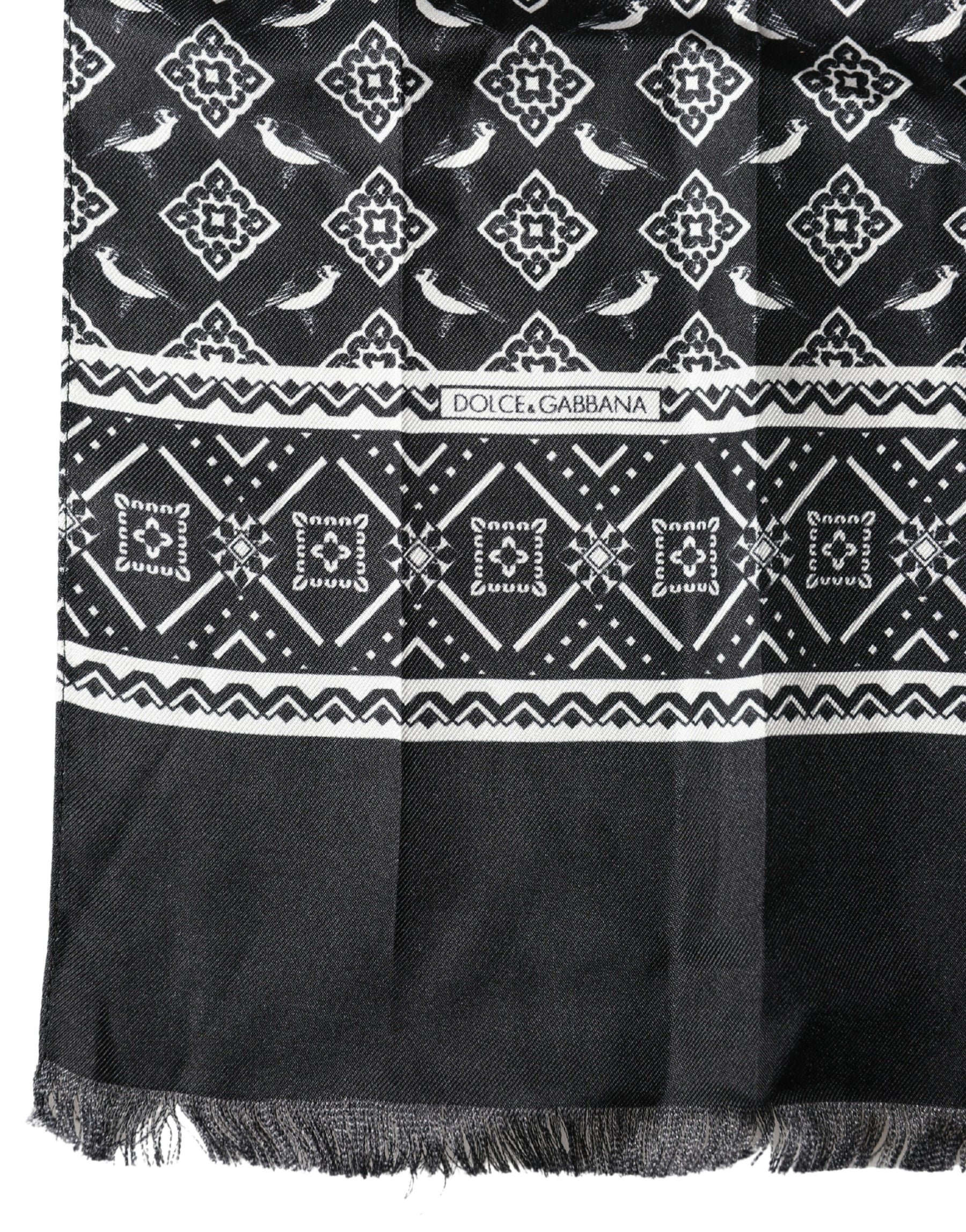 Dolce & Gabbana Black Gray Silk Bird Fringe Wrap Foulard 140cm X 23cm Scarf | Regal Royce