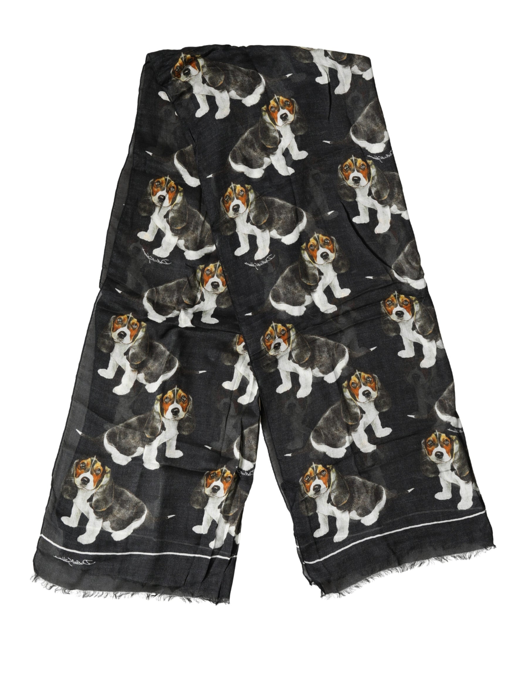 Dolce & Gabbana Black Dog Print Modal Wool Wrap Foulard 178cm X 63cm Scarf | Regal Royce