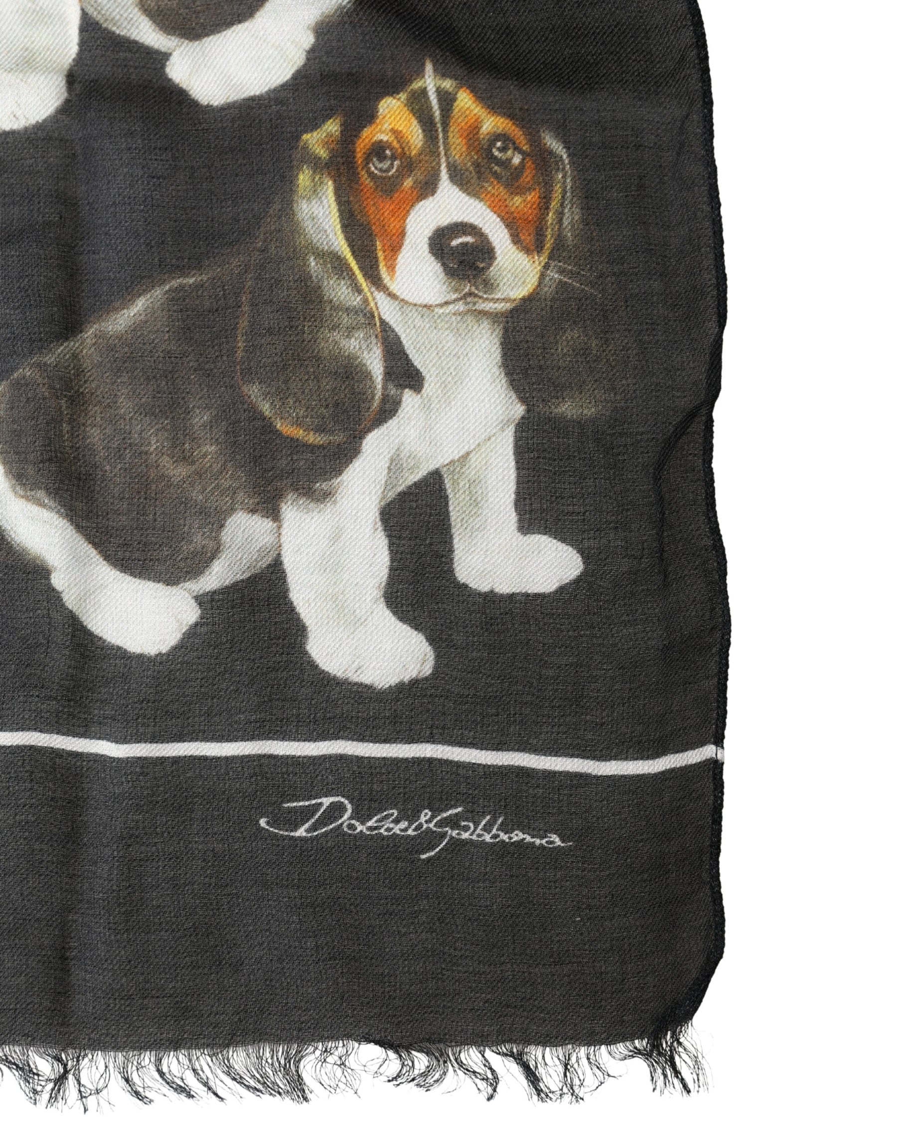 Dolce & Gabbana Black Dog Print Modal Wool Wrap Foulard 178cm X 63cm Scarf | Regal Royce
