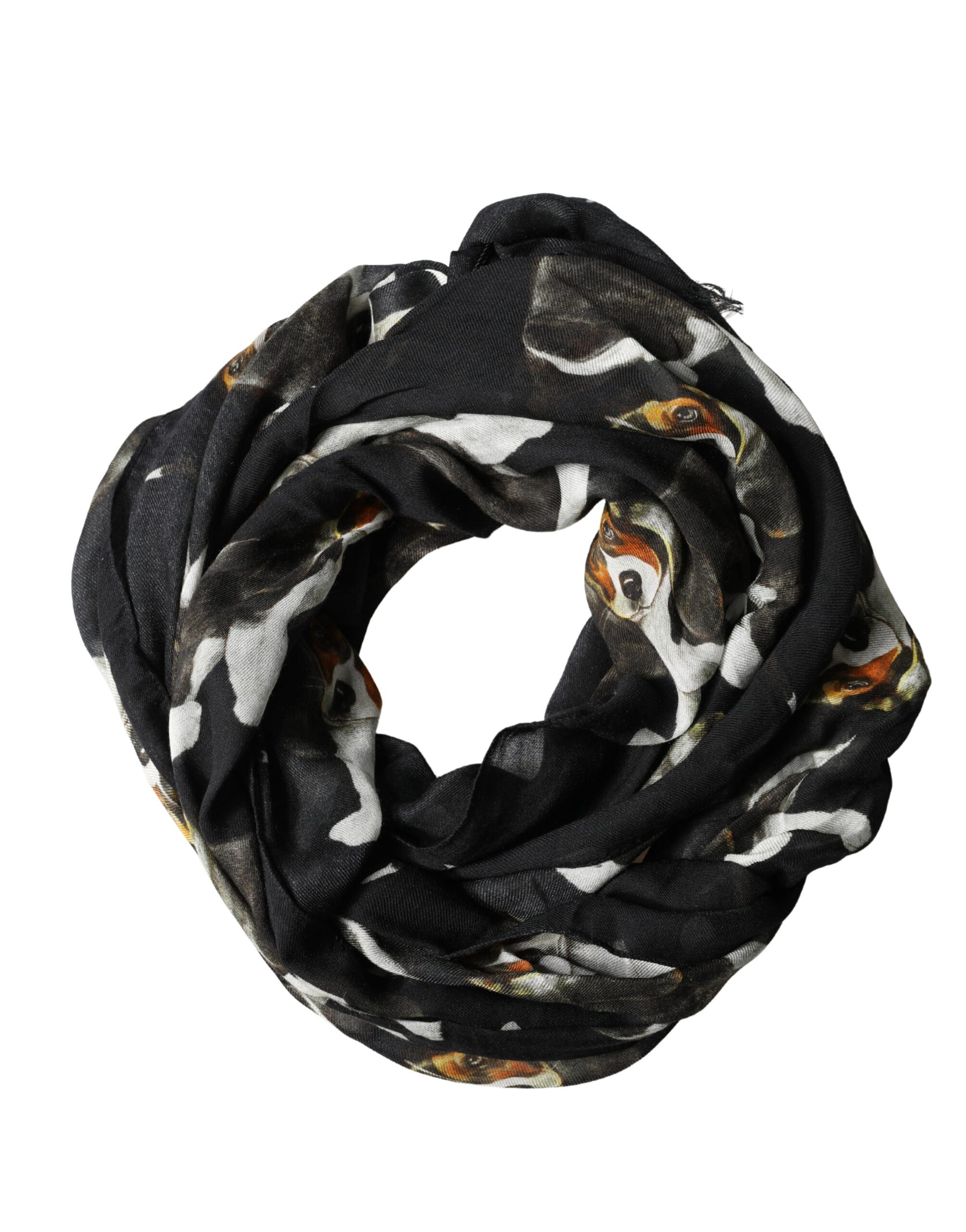 Dolce & Gabbana Black Dog Print Modal Wool Wrap Foulard 178cm X 63cm Scarf | Regal Royce