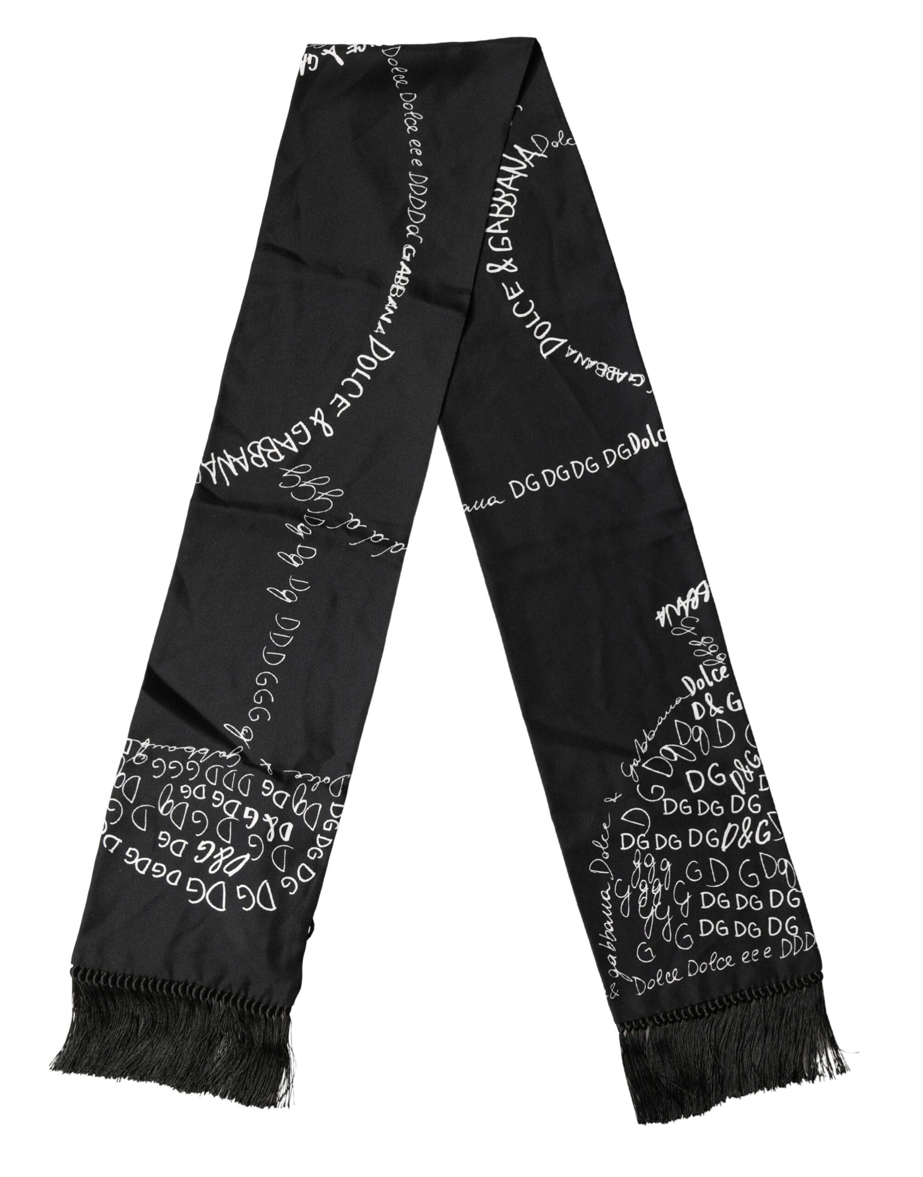 Dolce & Gabbana Black Logo Script Print Sik Foulard 137.5cm X 15cm Scarf | Regal Royce