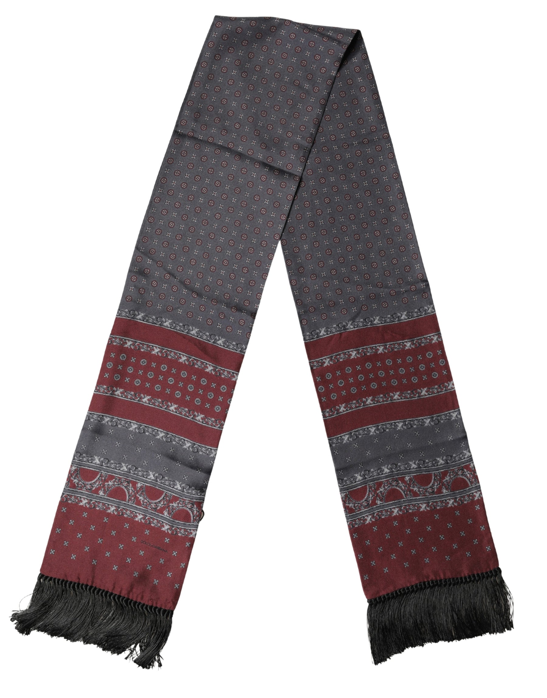 Dolce & Gabbana Burgundy Gray Patterned Fringe Foulard 141cm X 15.5cm  Scarf | Regal Royce