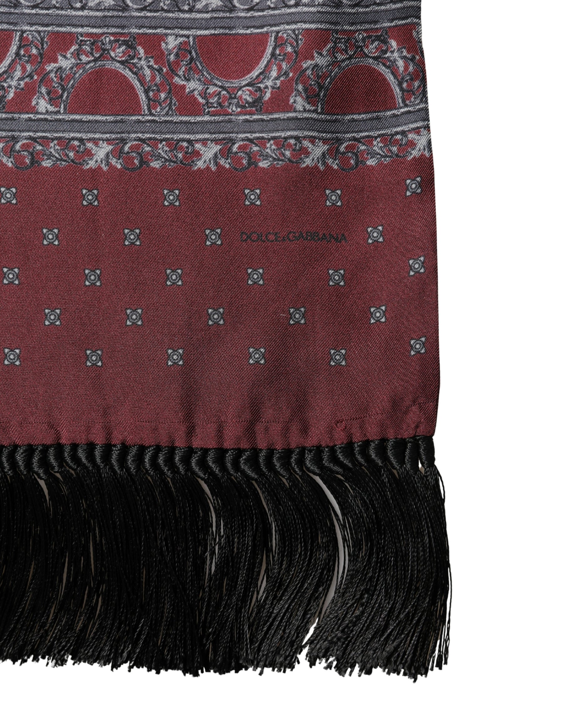 Dolce & Gabbana Burgundy Gray Patterned Fringe Foulard 141cm X 15.5cm  Scarf | Regal Royce