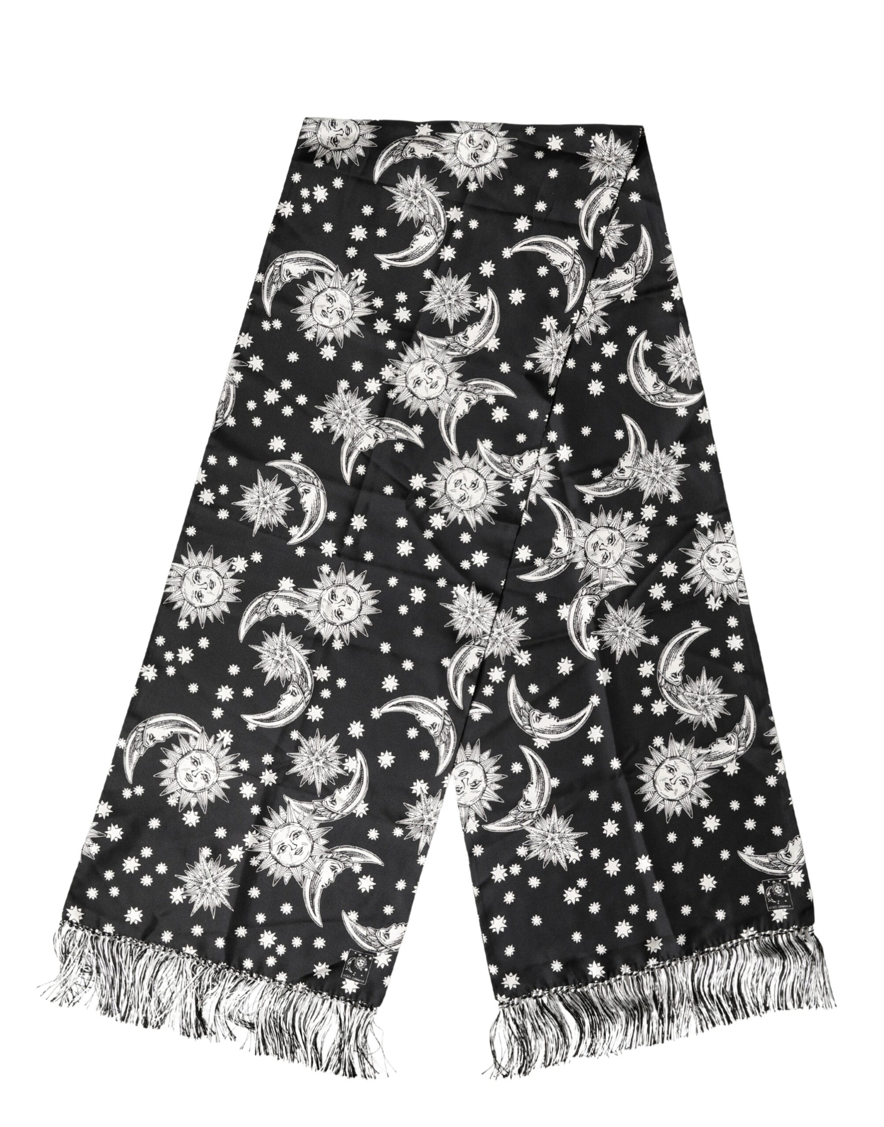Dolce & Gabbana Black Silk Sun Moon Star Fringe Foulard 178cm X 33cm Scarf | Regal Royce
