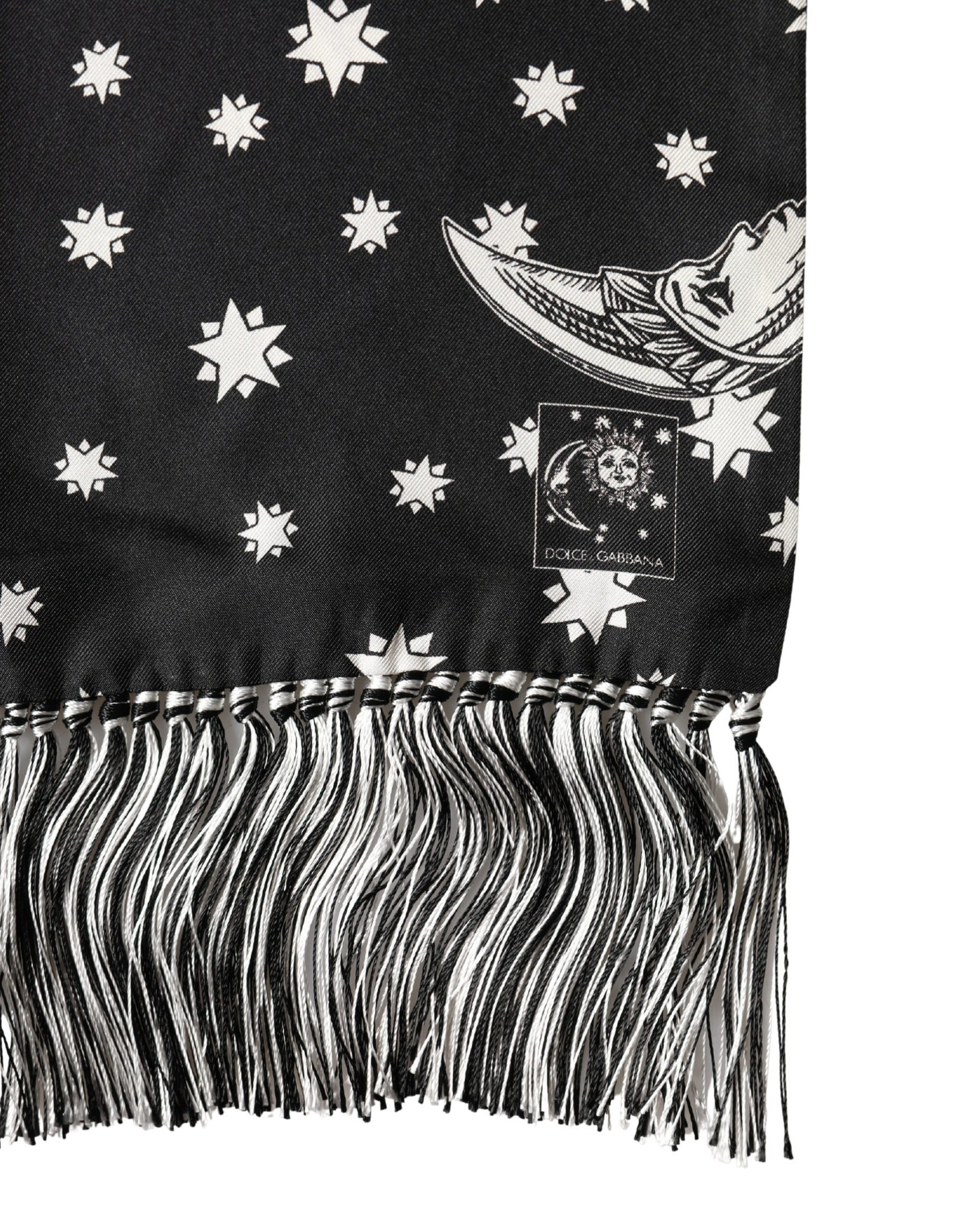 Dolce & Gabbana Black Silk Sun Moon Star Fringe Foulard 178cm X 33cm Scarf | Regal Royce
