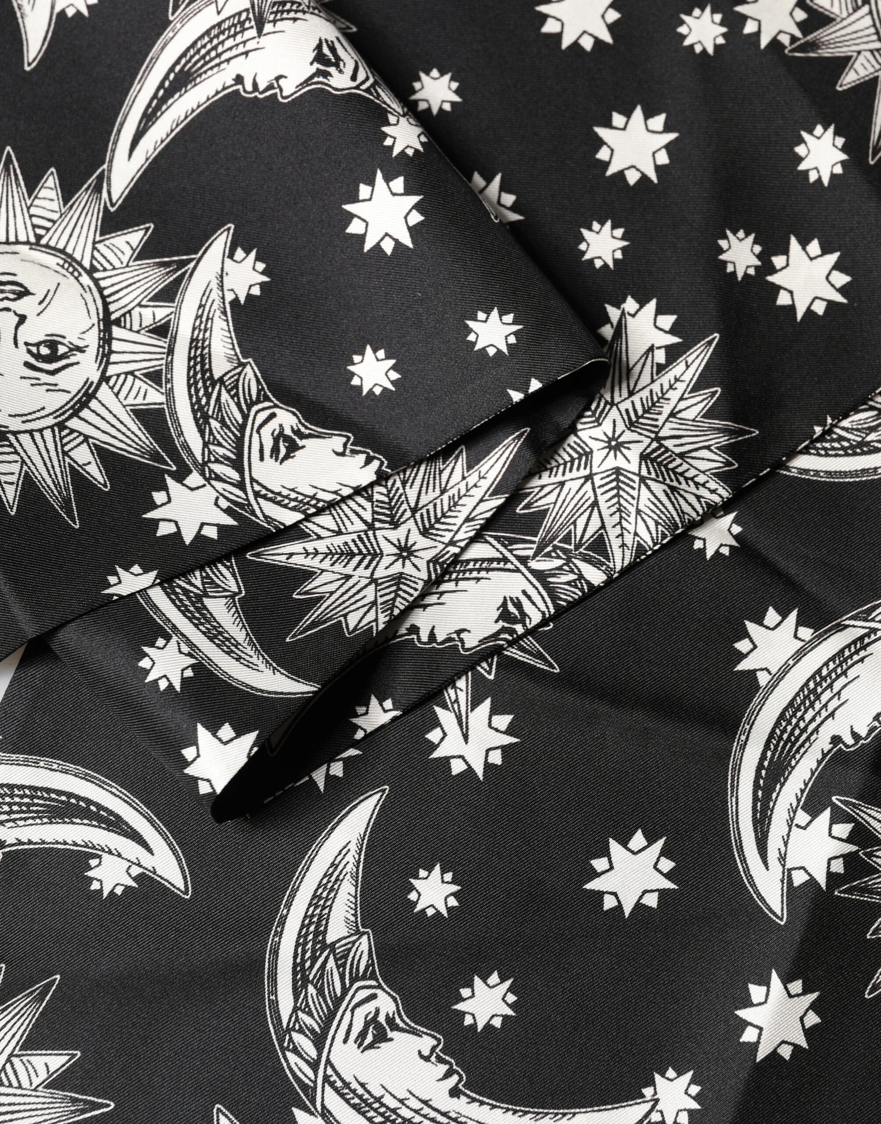 Dolce & Gabbana Black Silk Sun Moon Star Fringe Foulard 178cm X 33cm Scarf | Regal Royce