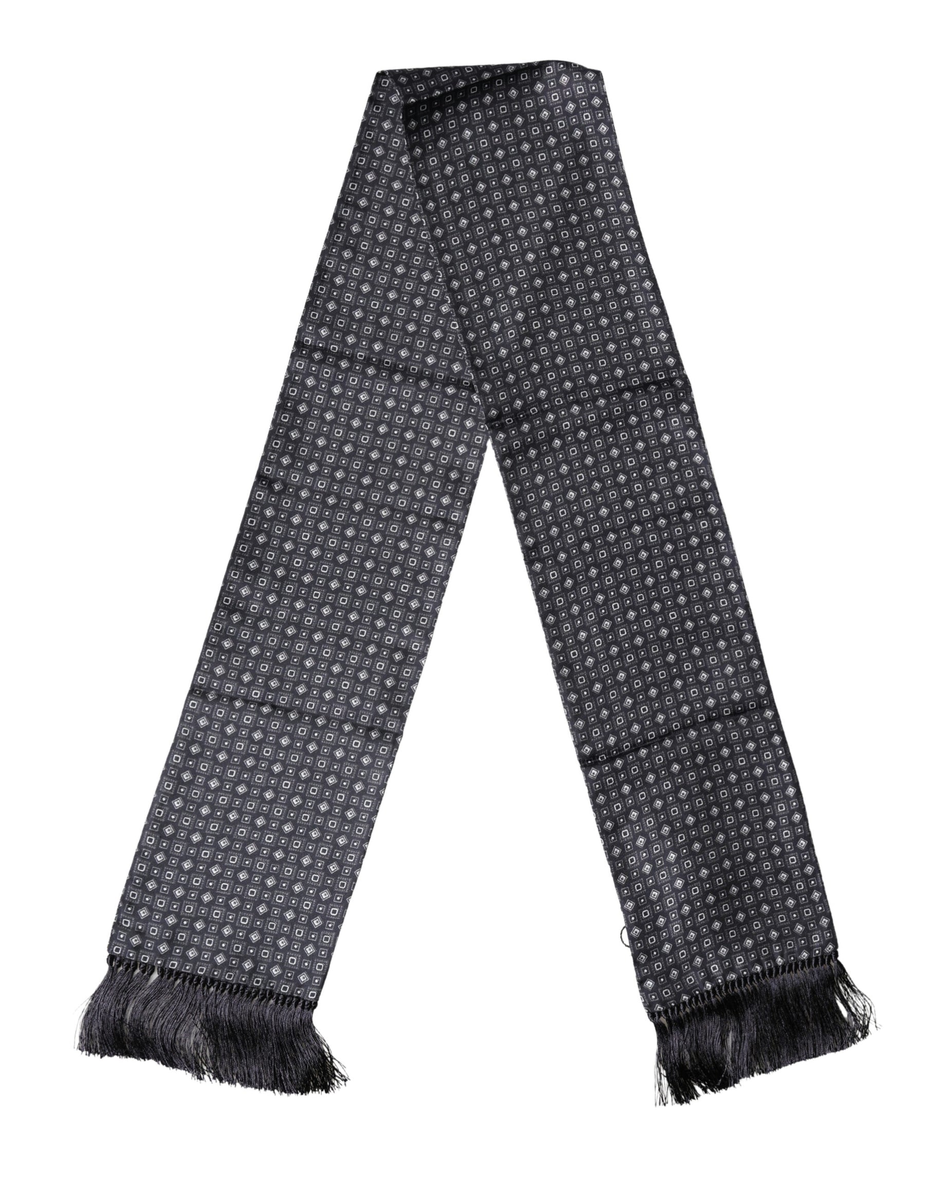 Dolce & Gabbana Black Silk Geometric Fringe Wrap Foulard 136cm X 15cm  Scarf | Regal Royce