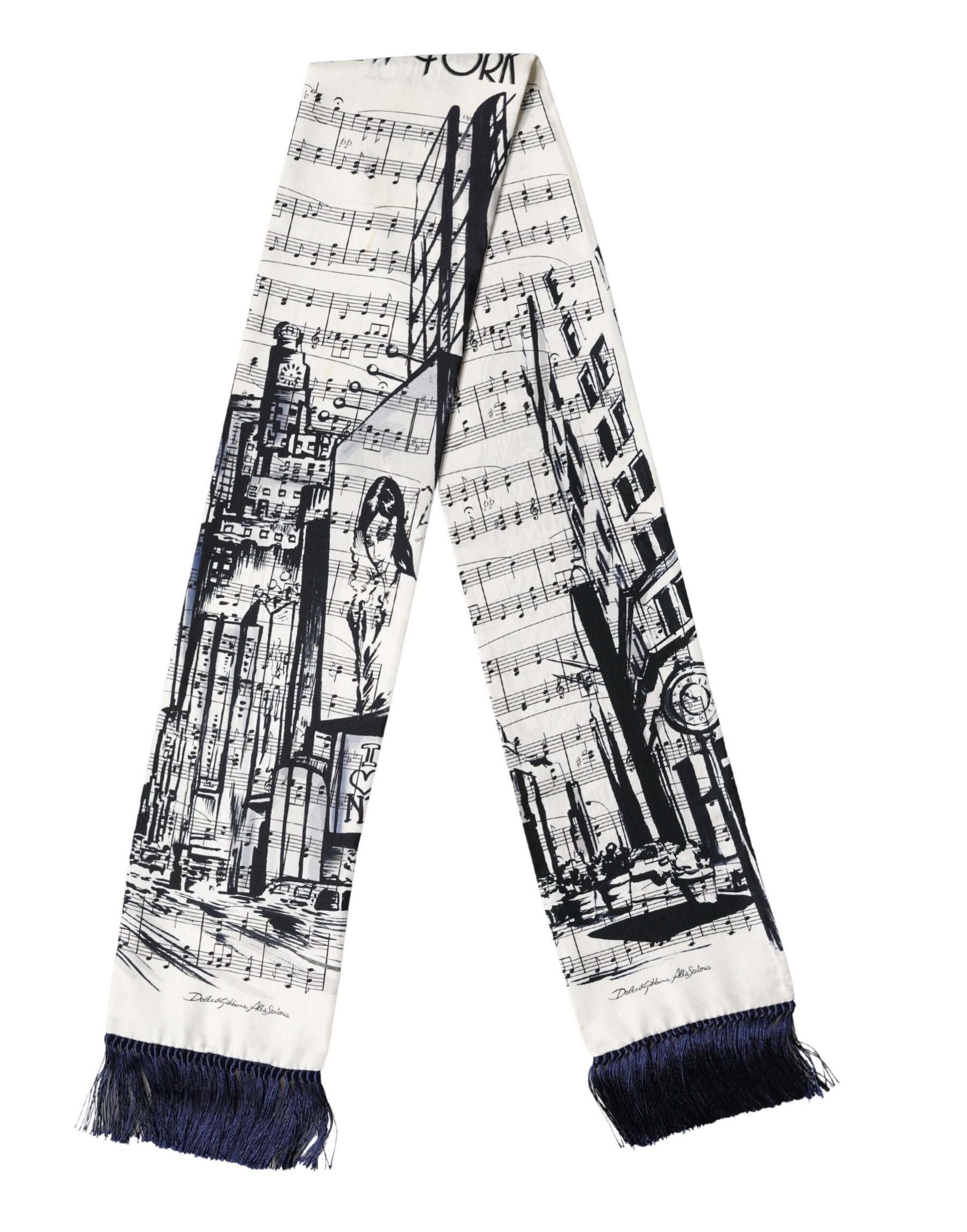 Dolce & Gabbana White Black Music City Print Silk Fringe 141cm X 15cm Scarf | Regal Royce