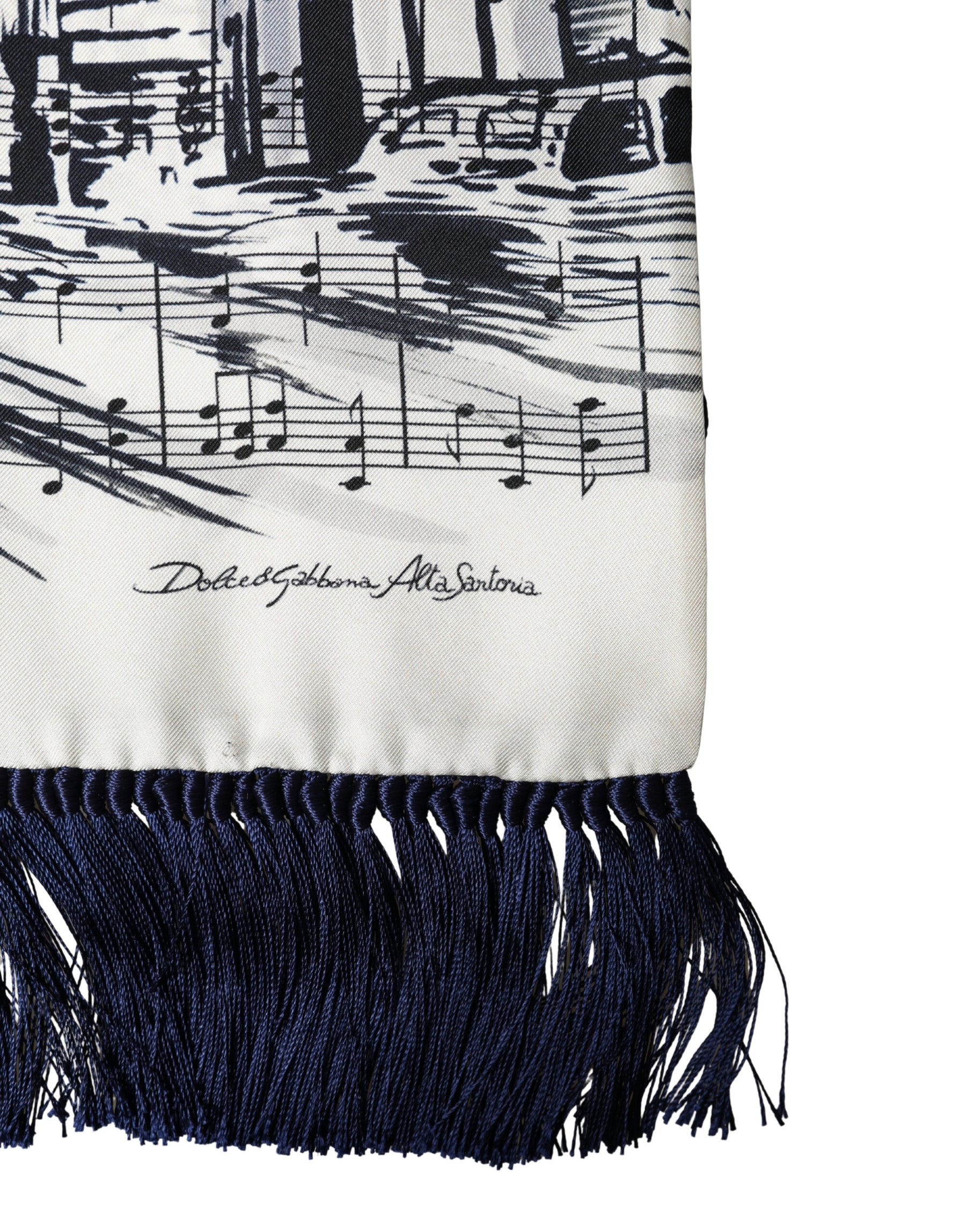 Dolce & Gabbana White Black Music City Print Silk Fringe 141cm X 15cm Scarf | Regal Royce