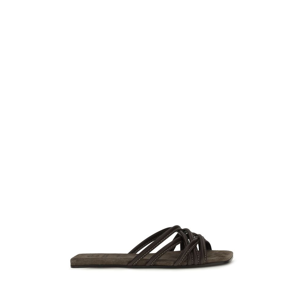Brunello Cucinelli Brown Calf Leather Bos Taurus Flat Sandals | Regal Royce