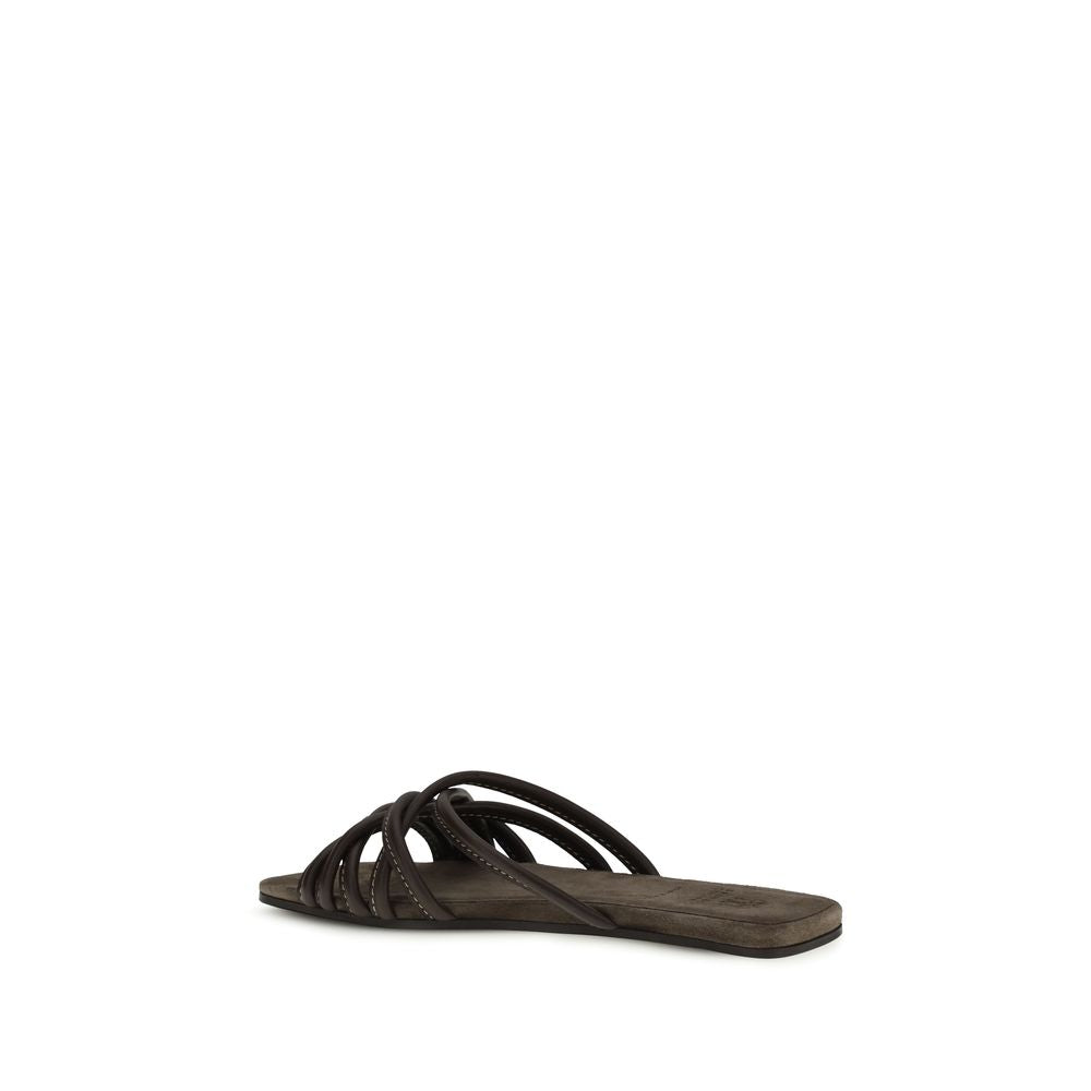 Brunello Cucinelli Brown Calf Leather Bos Taurus Flat Sandals | Regal Royce