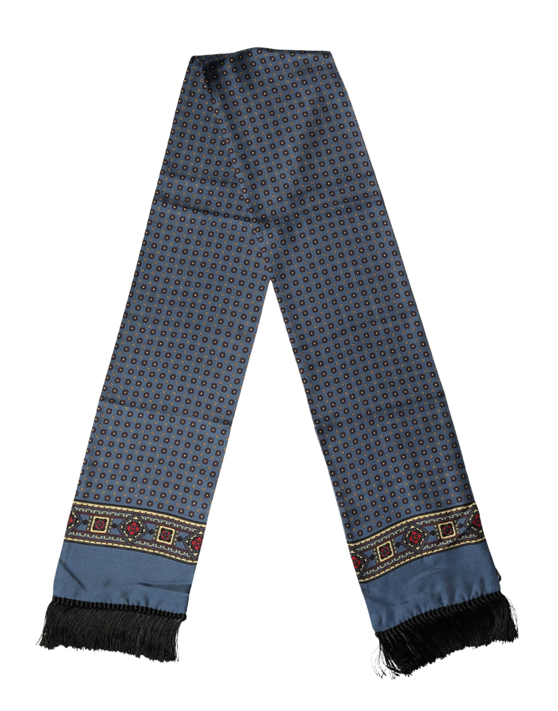 Dolce & Gabbana Blue Silk Geometric Fringe Foulard 134cm x 15.5cm Scarf | Regal Royce