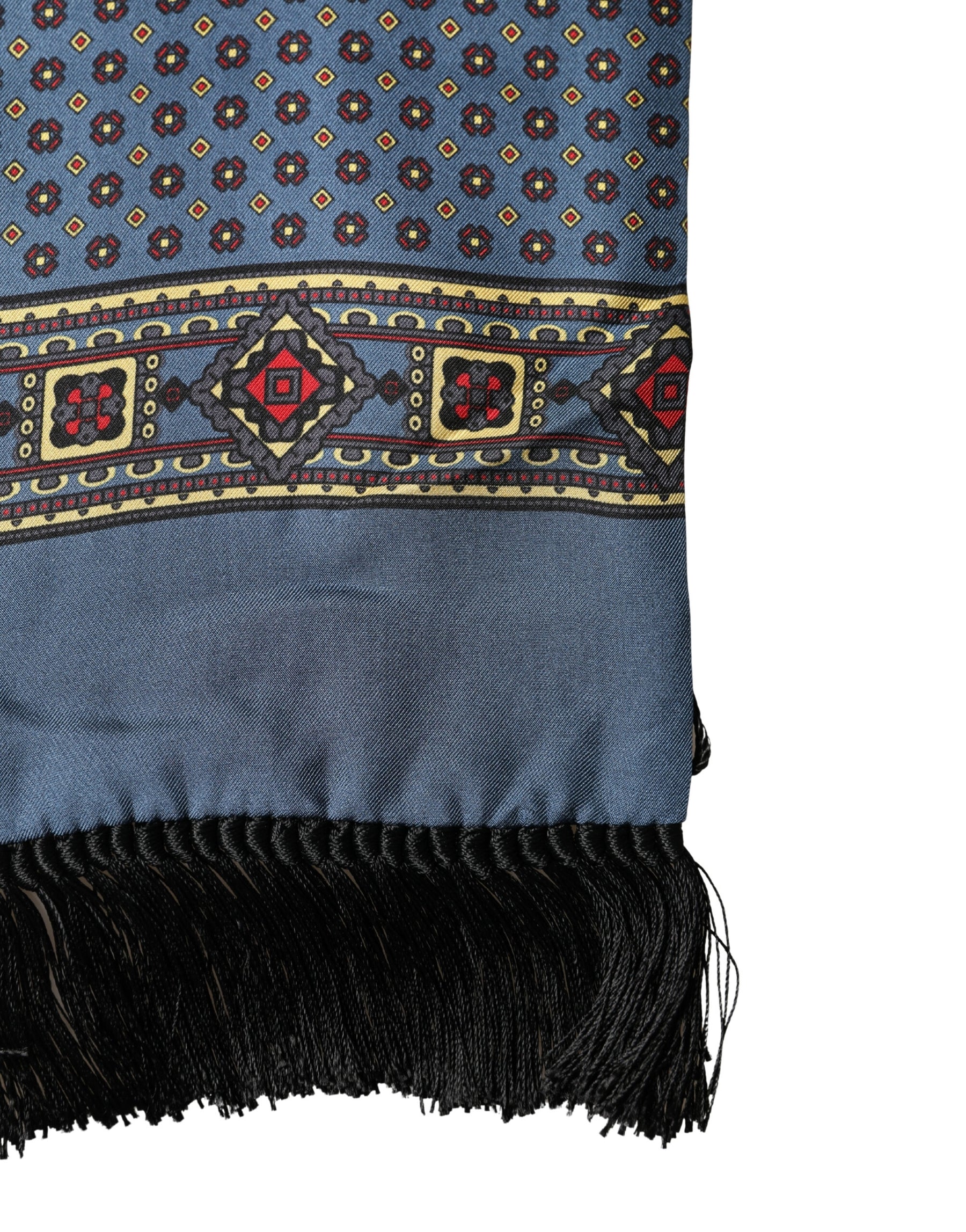 Dolce & Gabbana Blue Silk Geometric Fringe Foulard 134cm x 15.5cm Scarf | Regal Royce