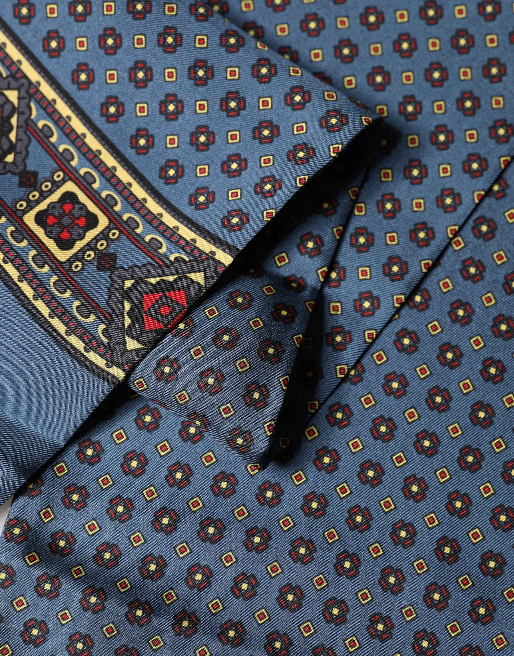 Dolce & Gabbana Blue Silk Geometric Fringe Foulard 134cm x 15.5cm Scarf | Regal Royce