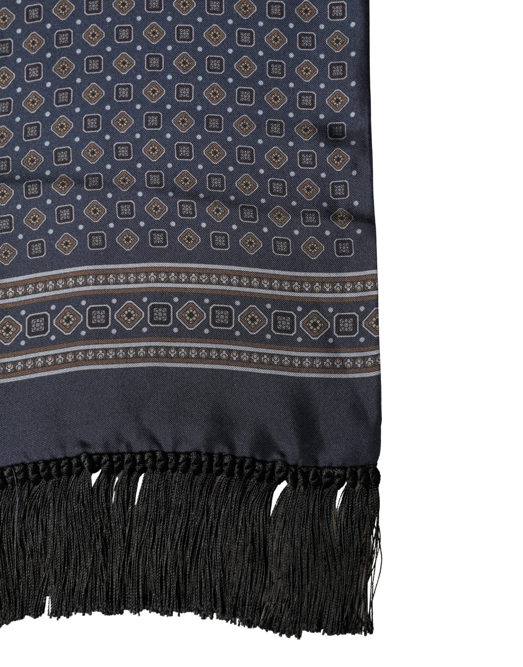 Dolce & Gabbana Navy Silk Geometric Fringe Foulard 137cm x 18cm Scarf | Regal Royce