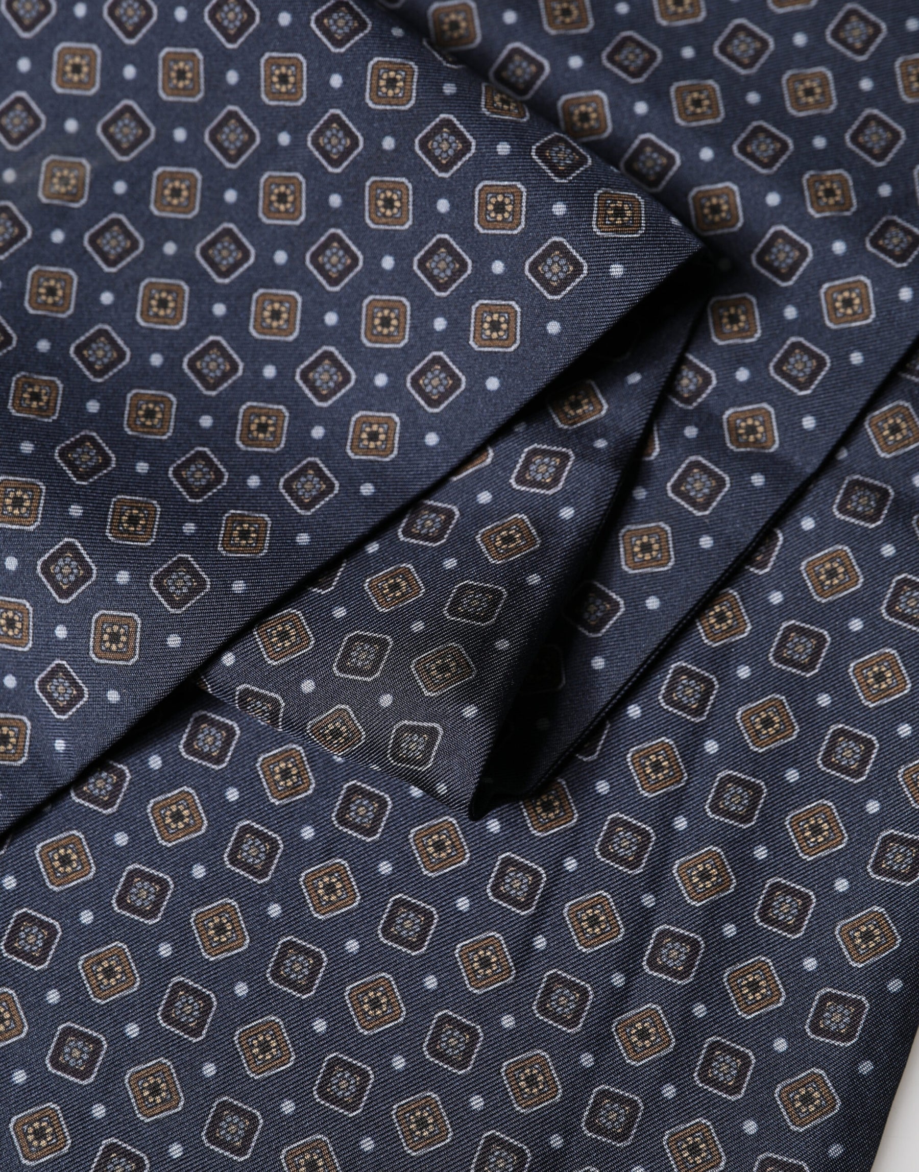 Dolce & Gabbana Navy Silk Geometric Fringe Foulard 137cm x 18cm Scarf | Regal Royce