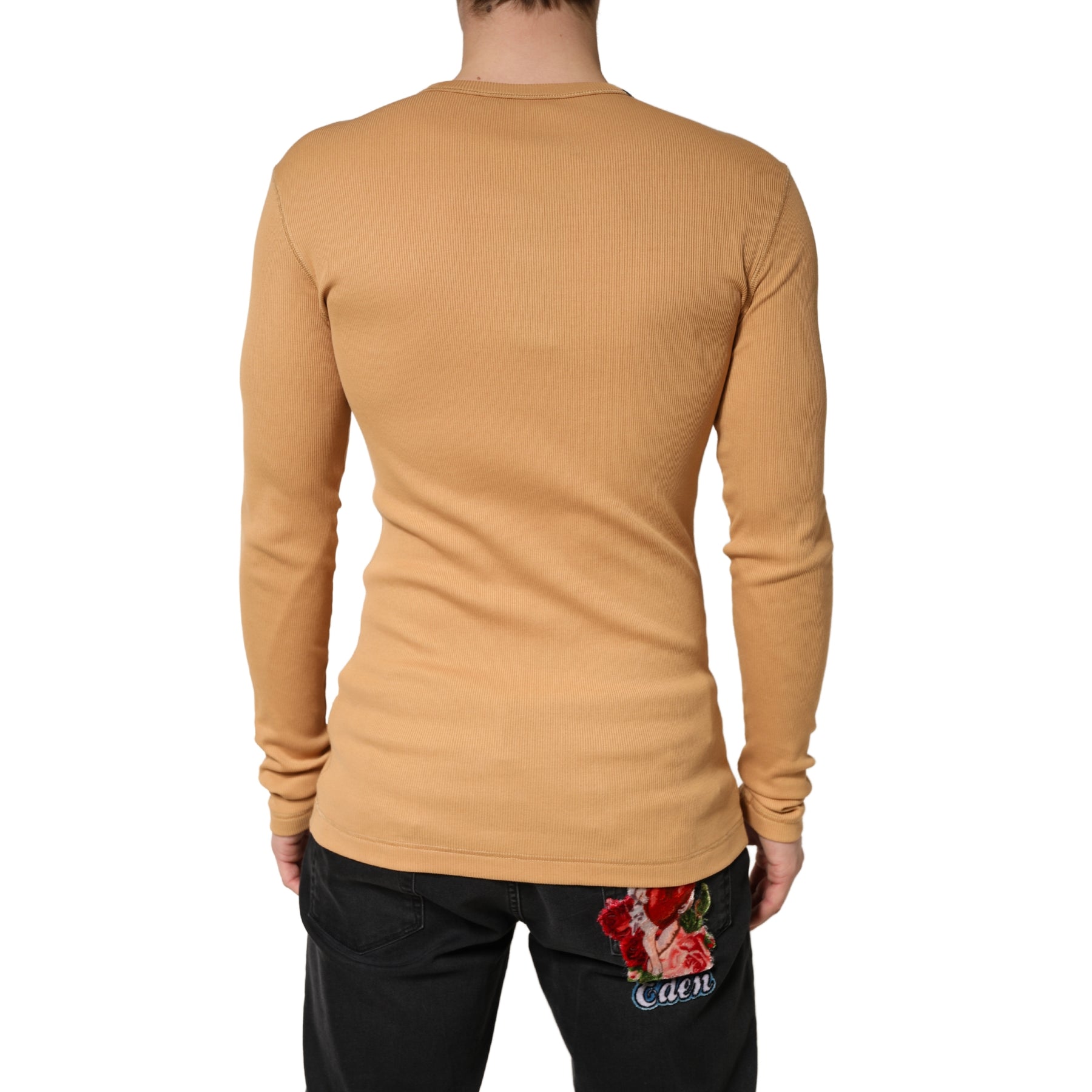Dolce & Gabbana Camel Ribbed Cotton Long Sleeve Henley Sweater | Regal Royce