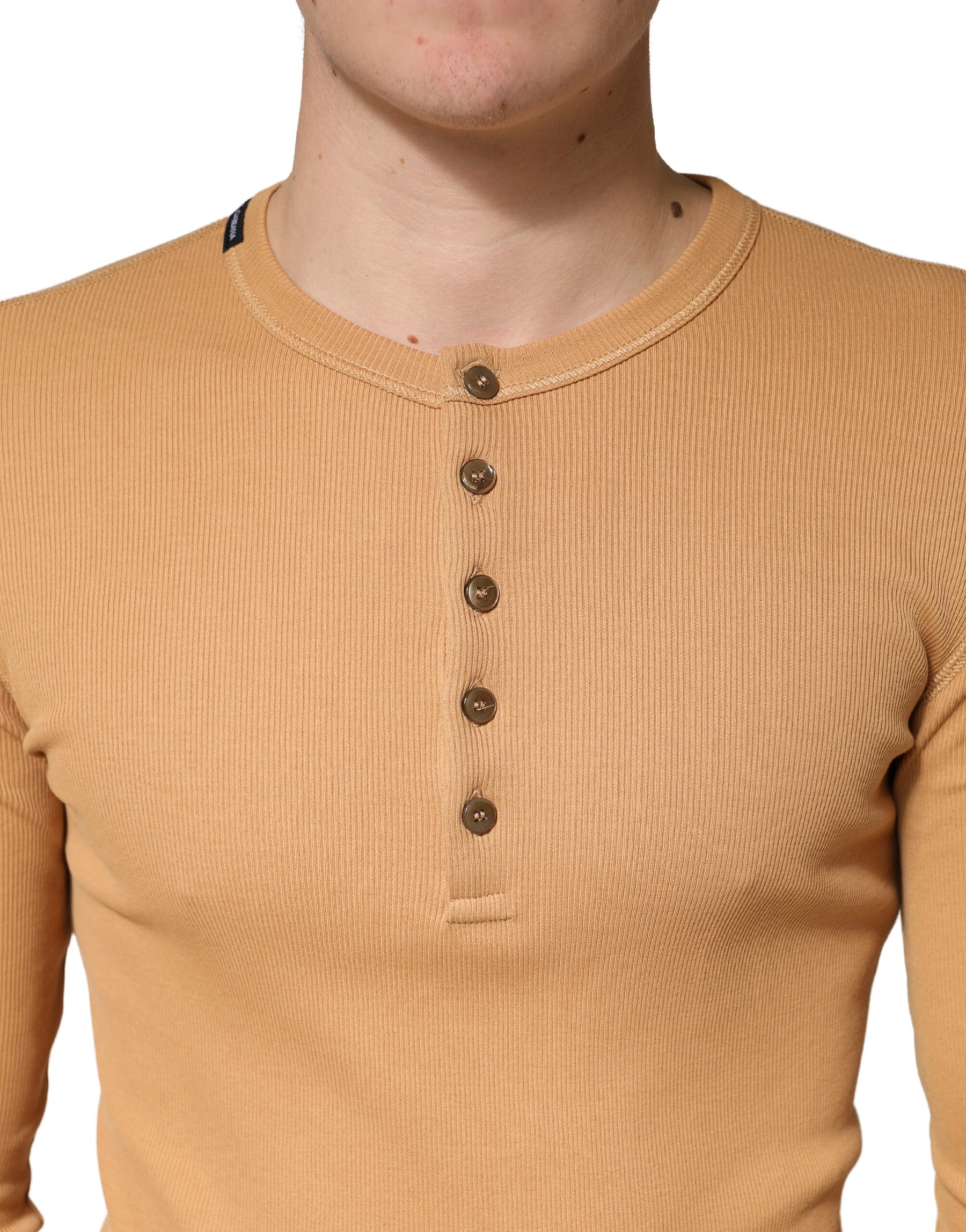 Dolce & Gabbana Camel Ribbed Cotton Long Sleeve Henley Sweater | Regal Royce