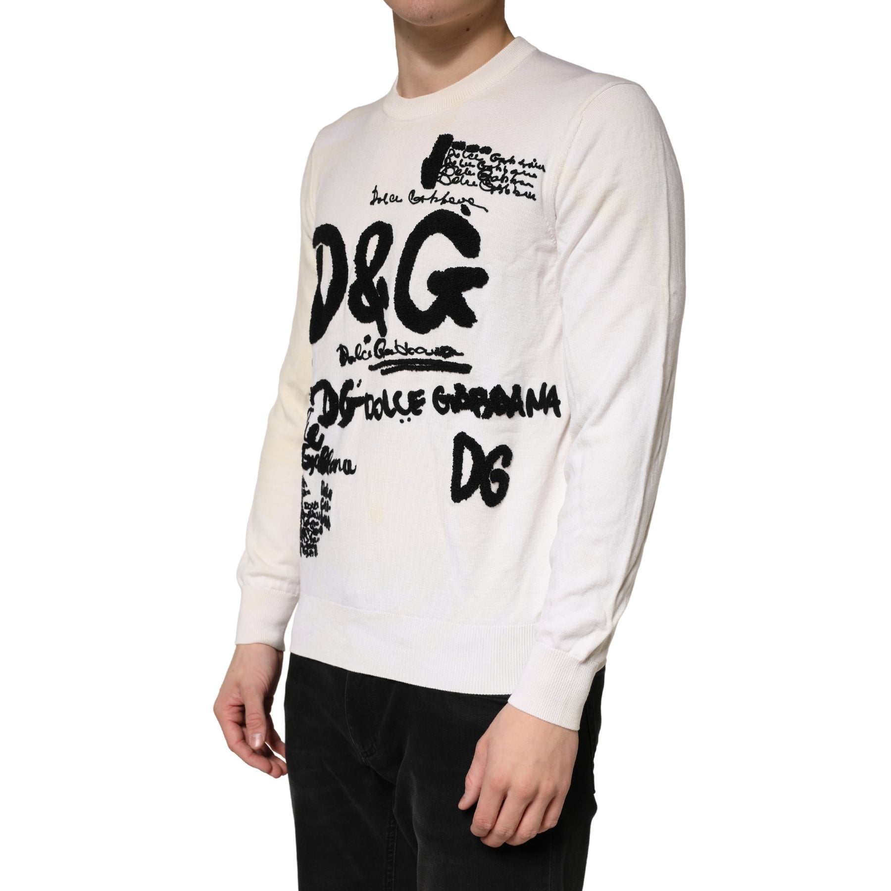 Dolce & Gabbana White Virgin Wool Graphic Logo Crewneck Sweater | Regal Royce