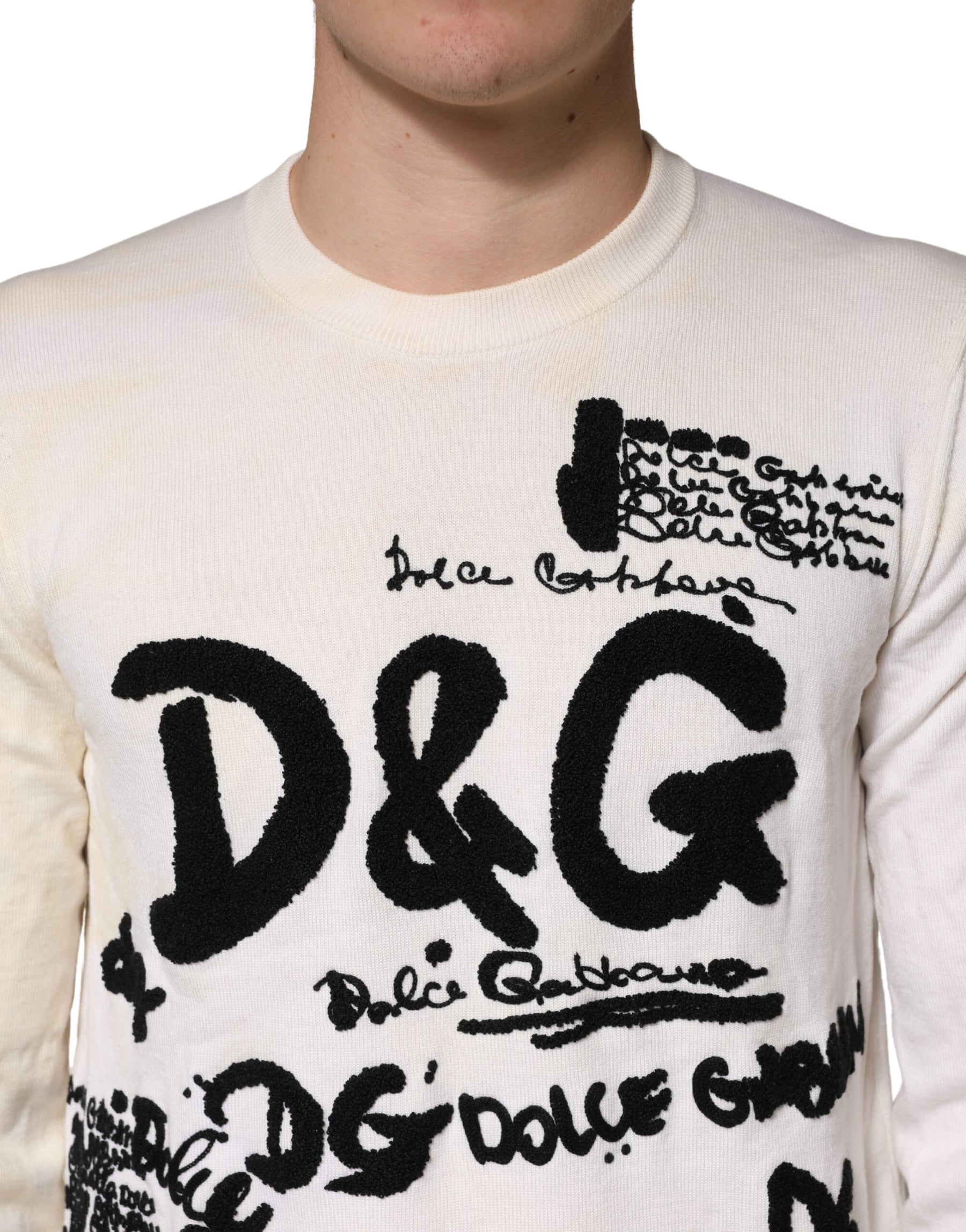Dolce & Gabbana White Virgin Wool Graphic Logo Crewneck Sweater | Regal Royce