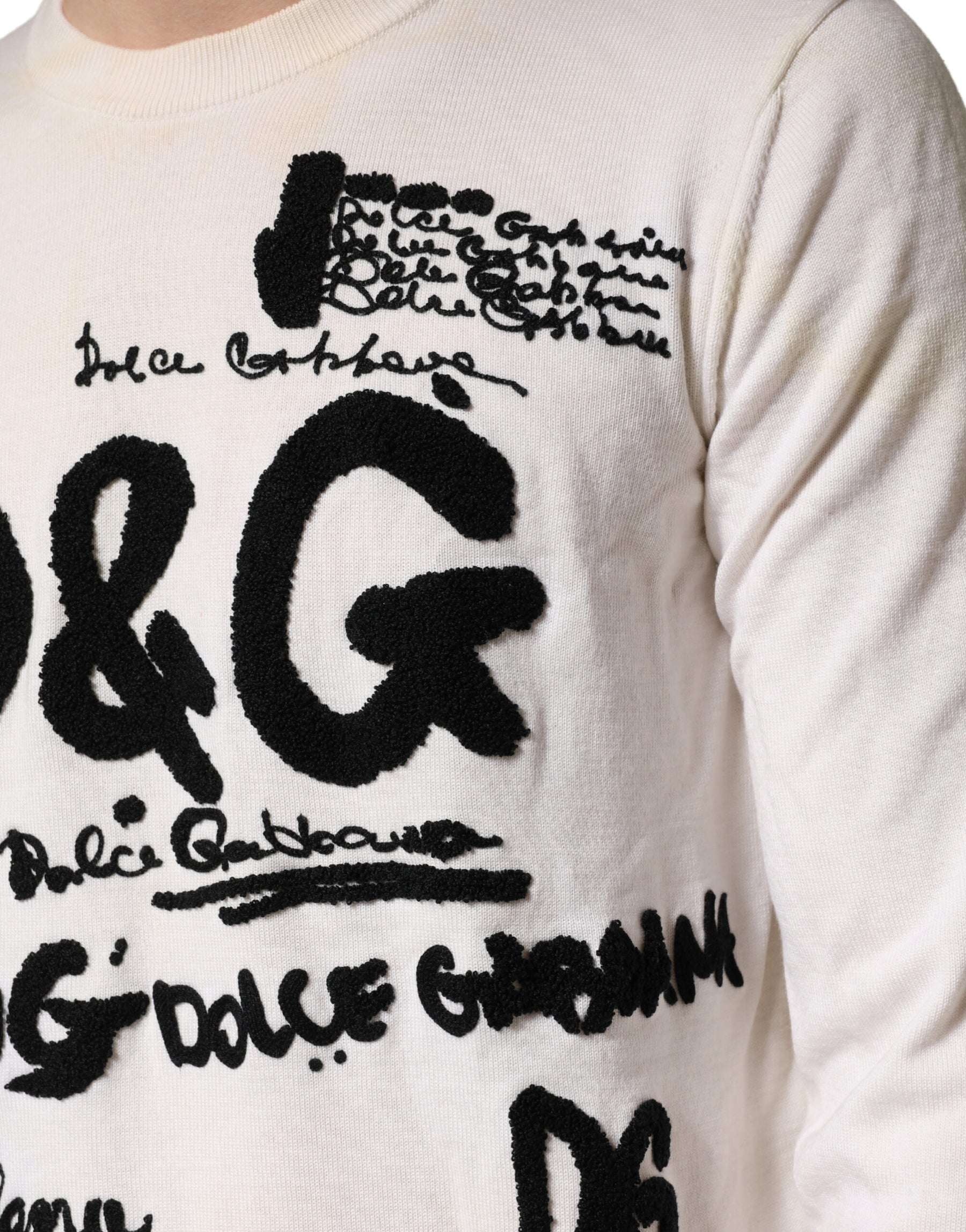 Dolce & Gabbana White Virgin Wool Graphic Logo Crewneck Sweater | Regal Royce