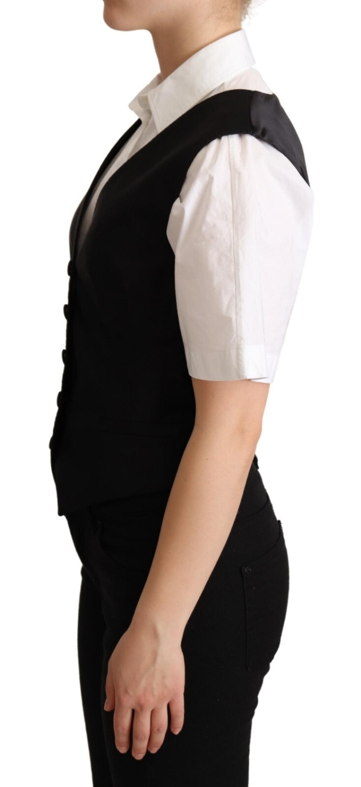 Dolce & Gabbana Solid Black Silk Sleeveless Waistcoat Vest Top | Regal Royce