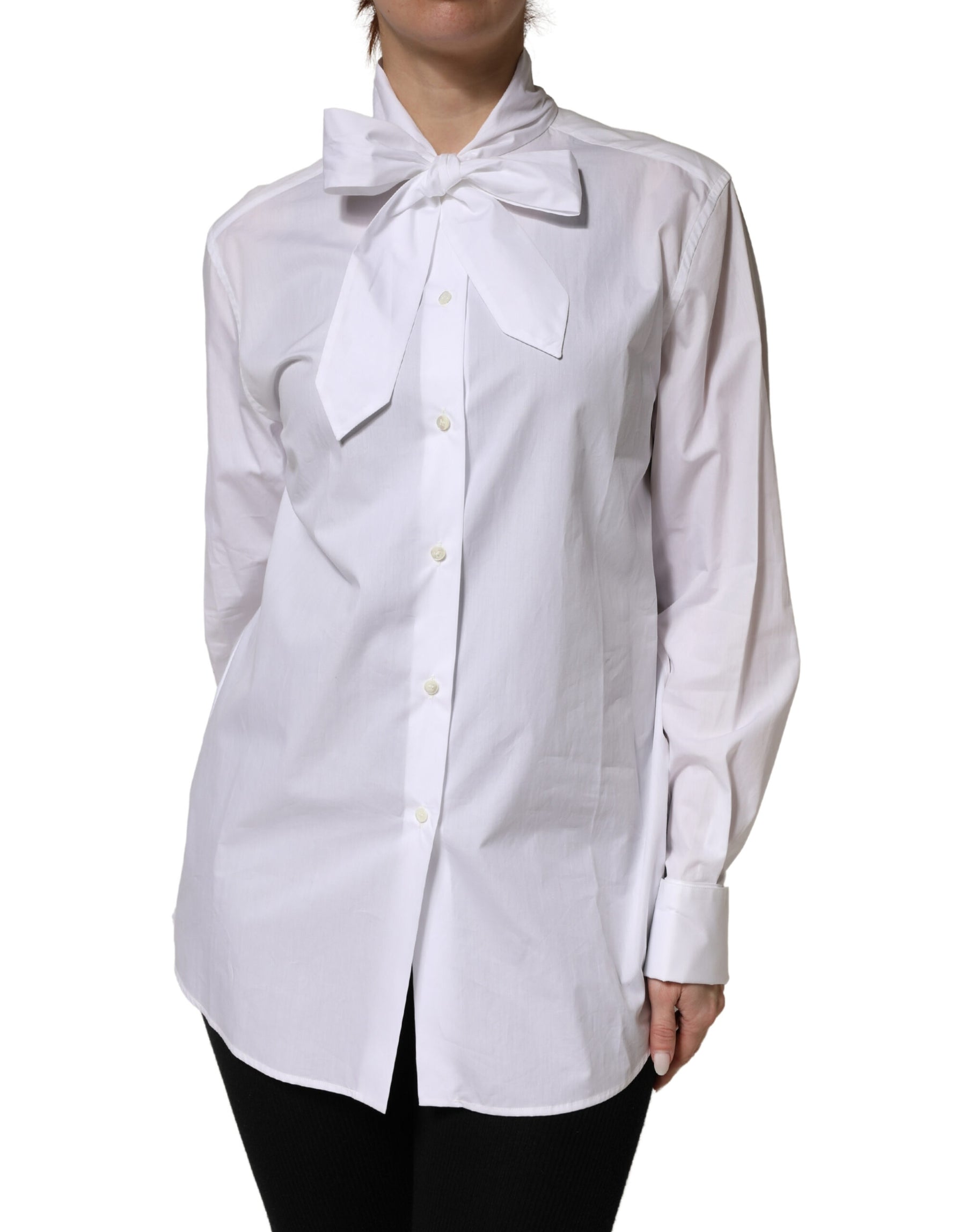 Dolce & Gabbana White Cotton Bow Tie Long Sleeves Blouse Top | Regal Royce