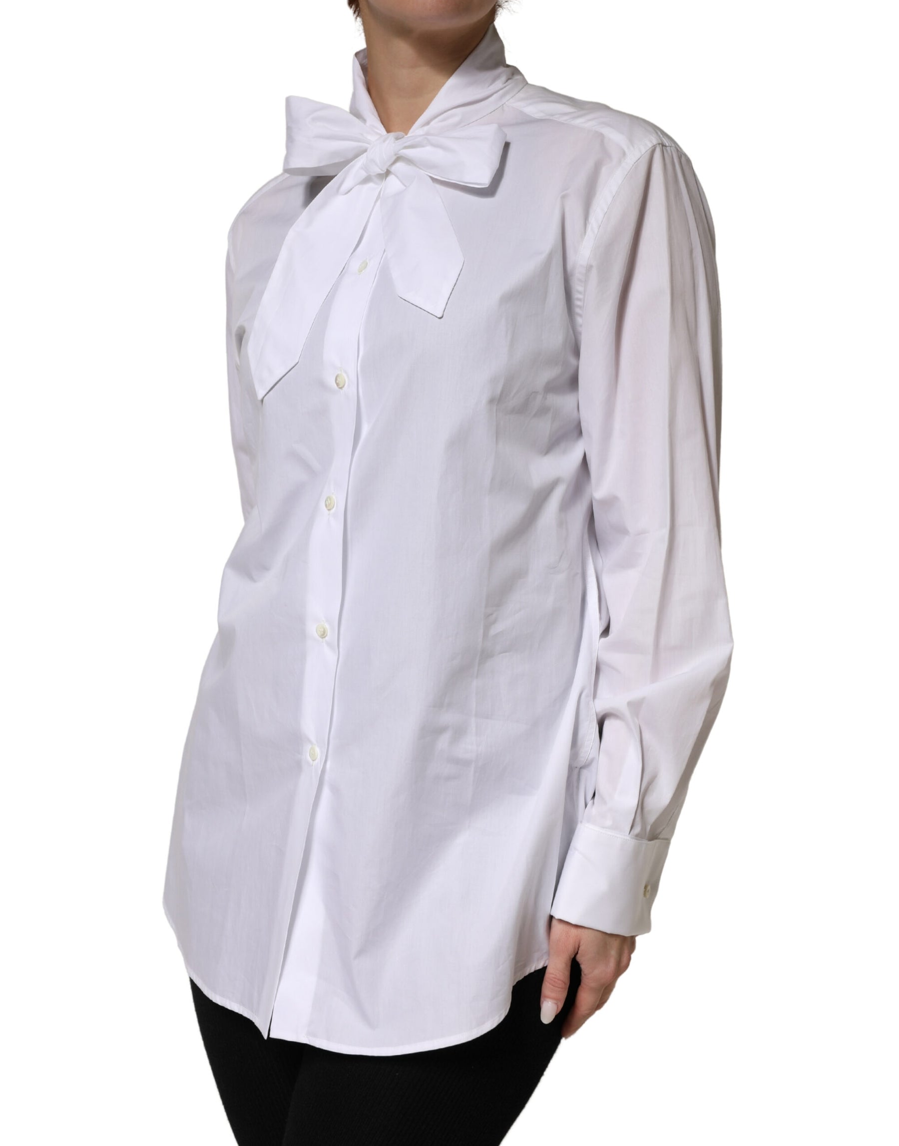 Dolce & Gabbana White Cotton Bow Tie Long Sleeves Blouse Top | Regal Royce