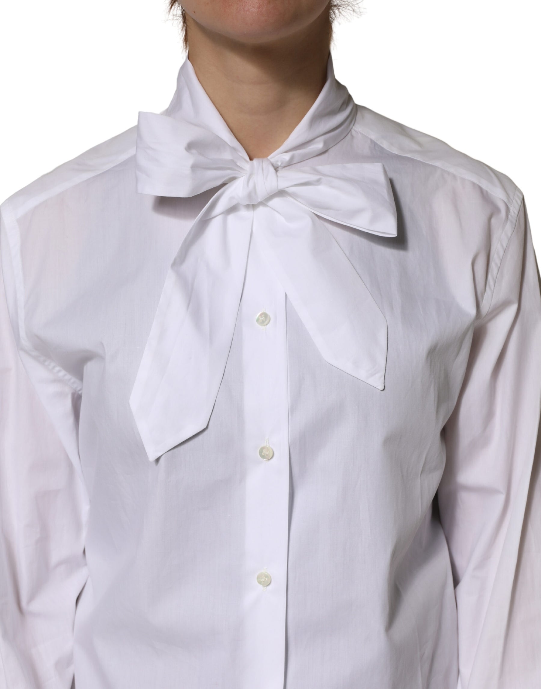 Dolce & Gabbana White Cotton Bow Tie Long Sleeves Blouse Top | Regal Royce