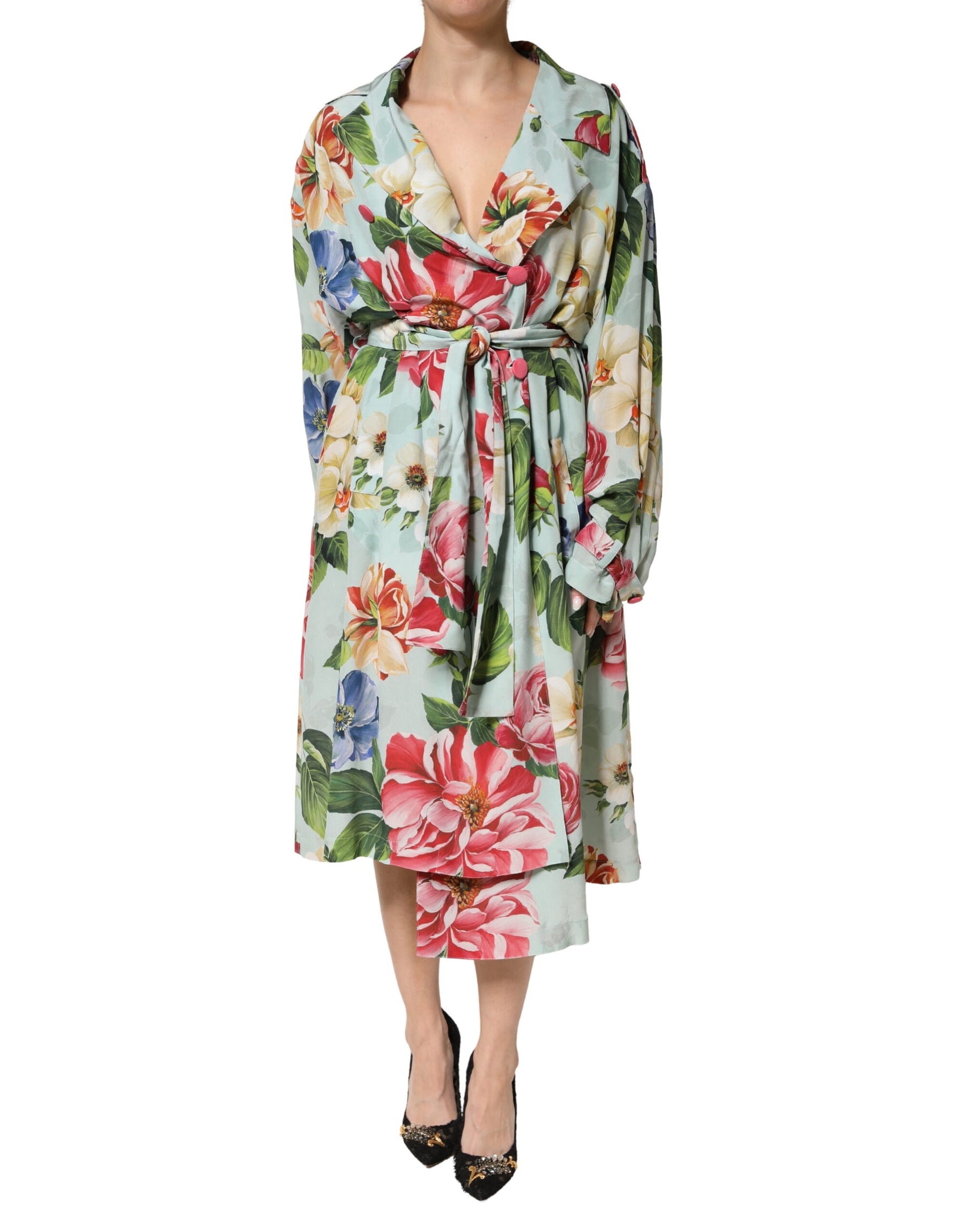 Dolce & Gabbana Green Floral Silk Wrap Midi Long Sleeve Dress | Regal Royce