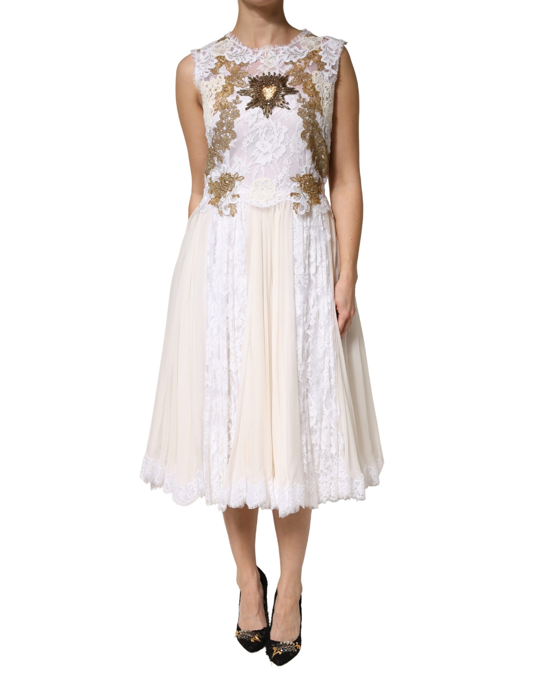 Dolce & Gabbana Ivory Lace Silk Embellished Sleeveless  Dress | Regal Royce