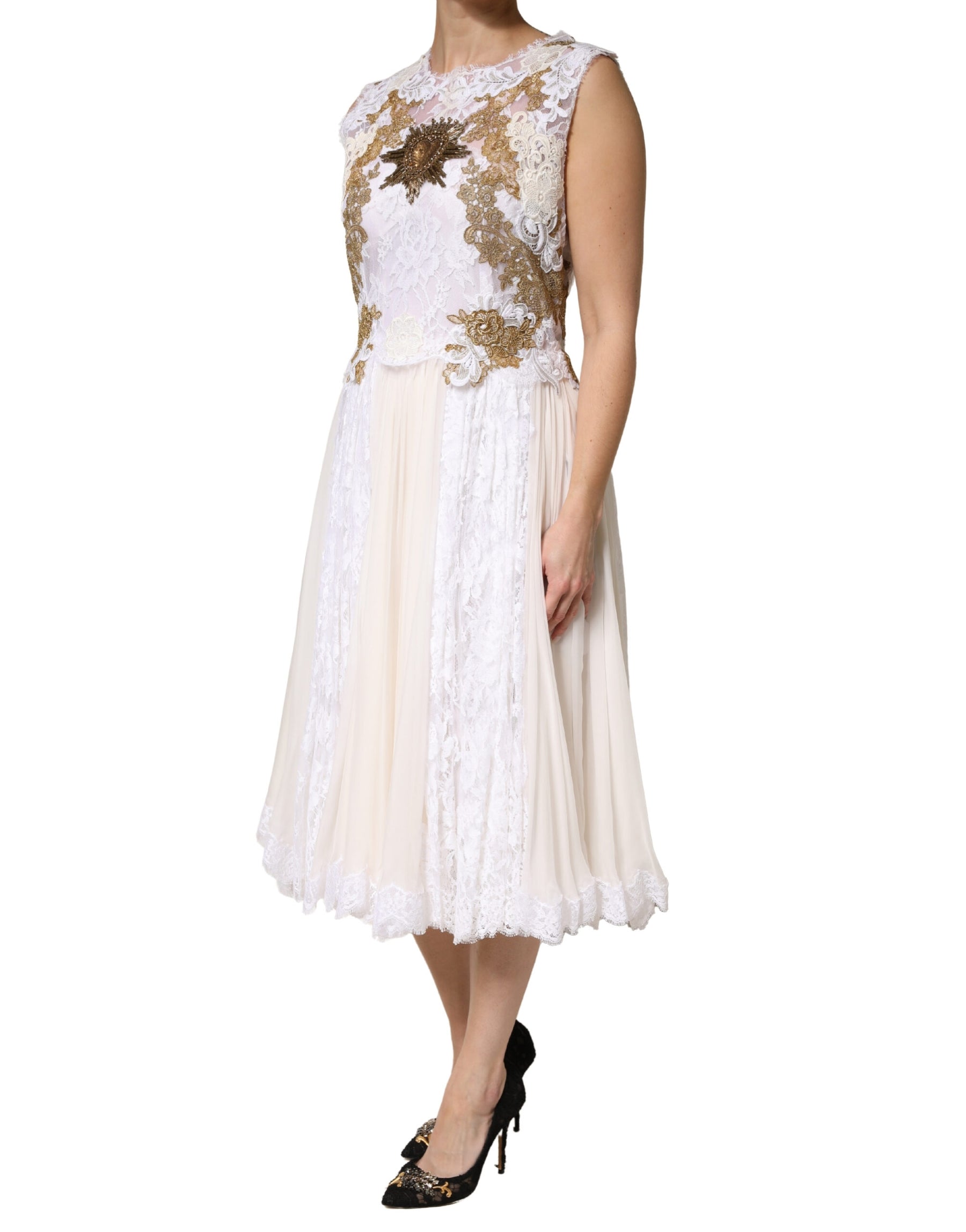 Dolce & Gabbana Ivory Lace Silk Embellished Sleeveless  Dress | Regal Royce