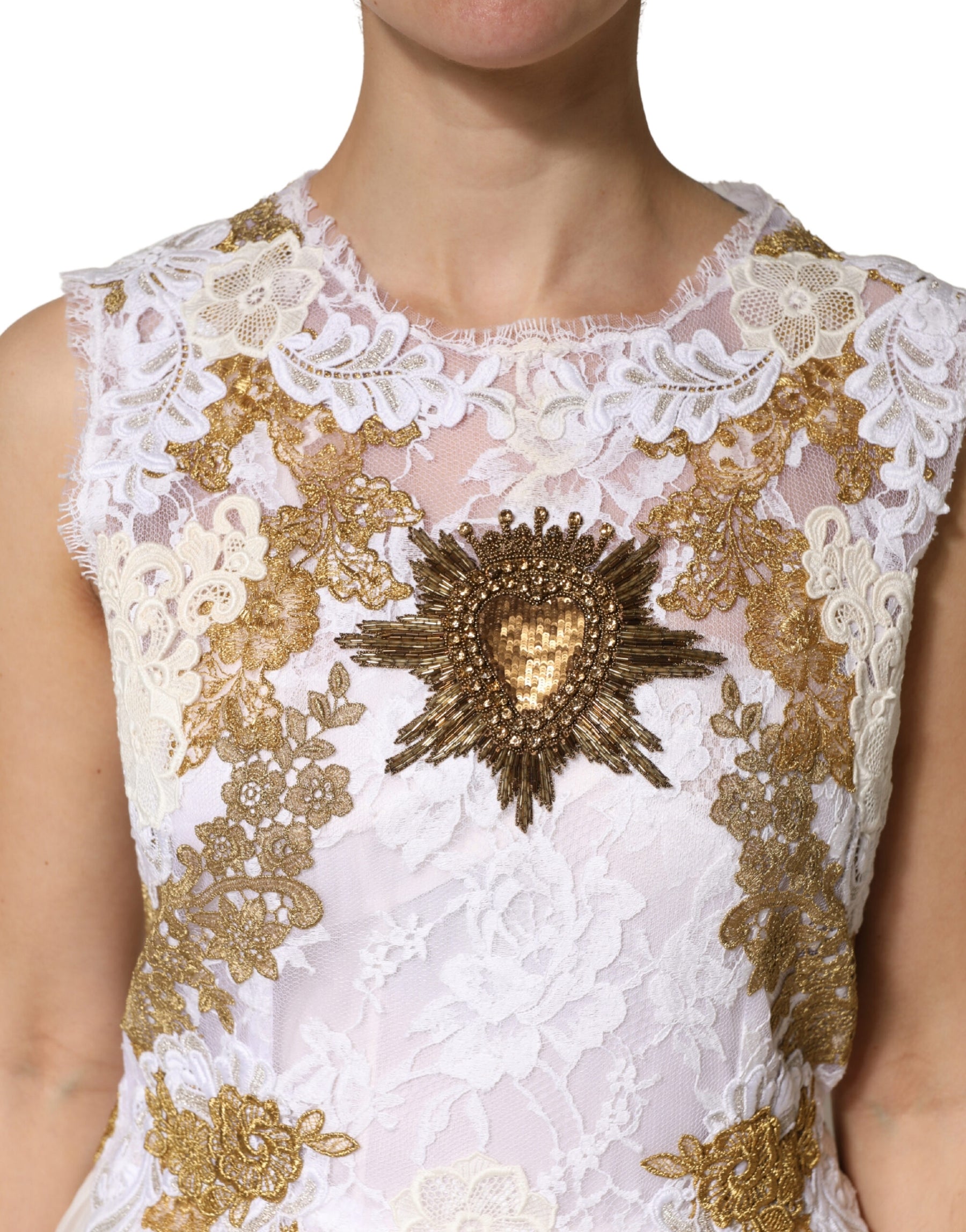 Dolce & Gabbana Ivory Lace Silk Embellished Sleeveless  Dress | Regal Royce