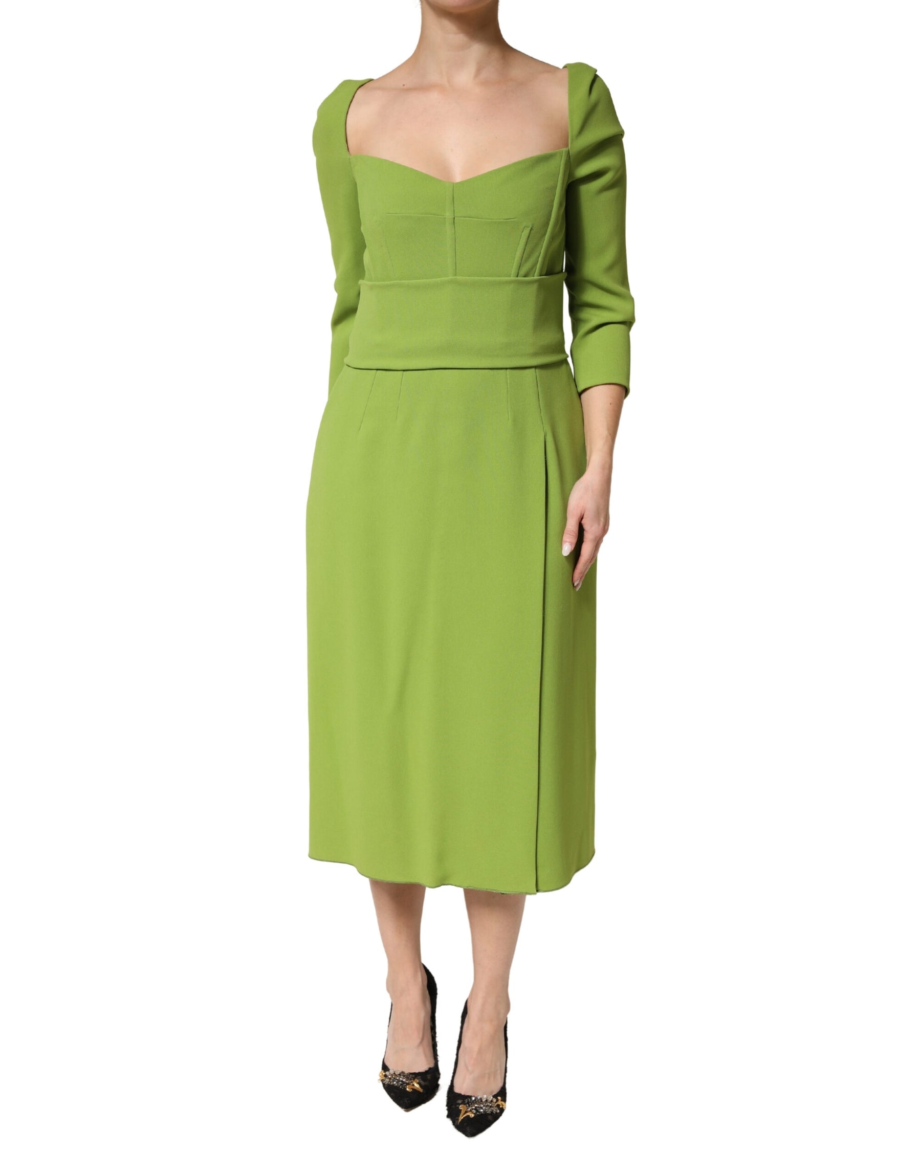 Dolce & Gabbana Green Silk Sweetheart Neckline Midi  Dress | Regal Royce