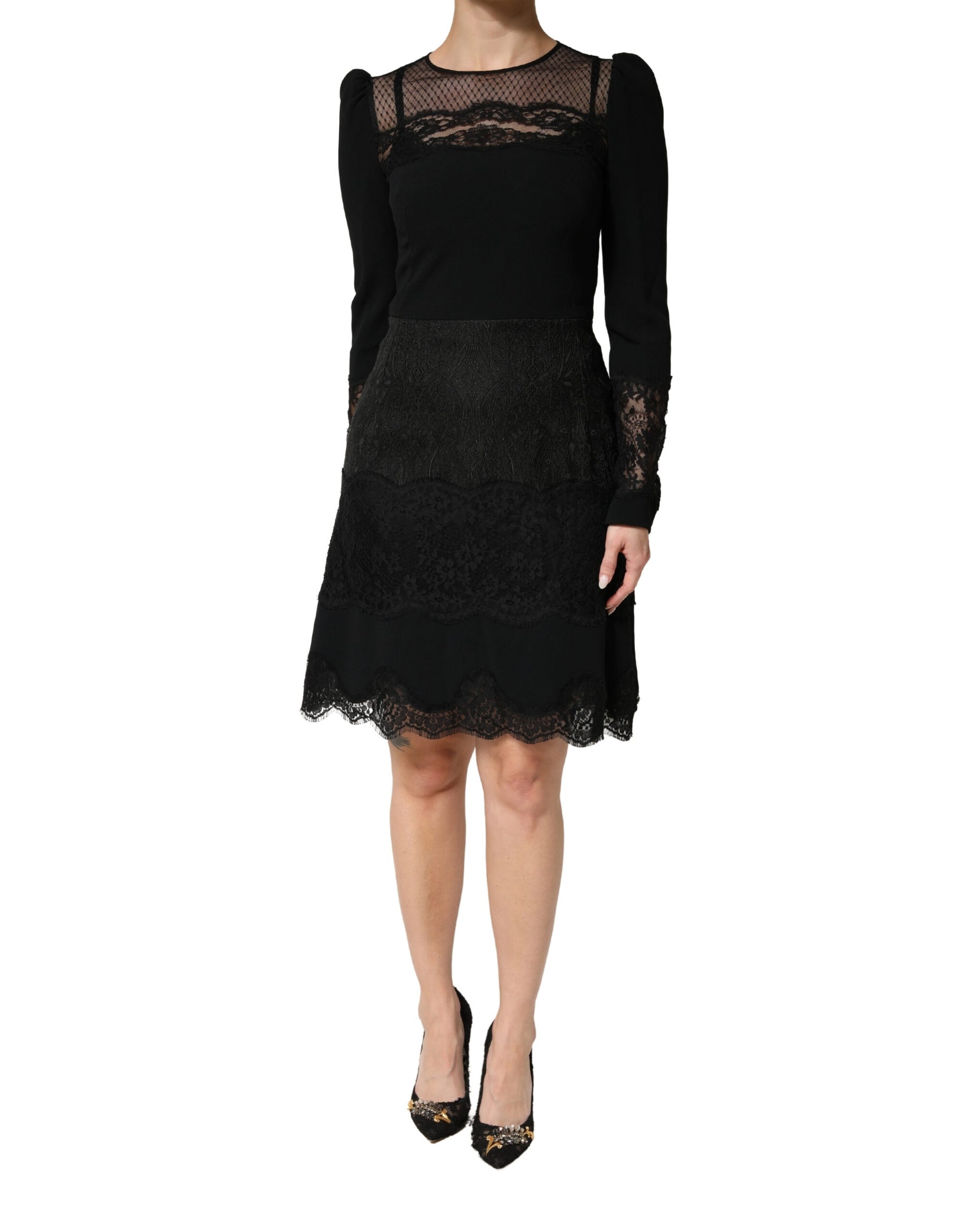 Dolce & Gabbana Black Lace Sheer Panel Midi Long Sleeve  Dress | Regal Royce