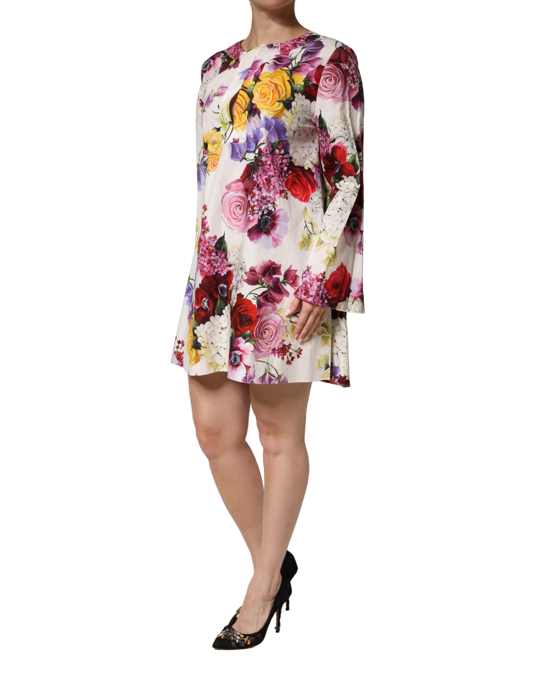 Dolce & Gabbana Multicolor Floral Cotton Longsleeves Midi Dress | Regal Royce