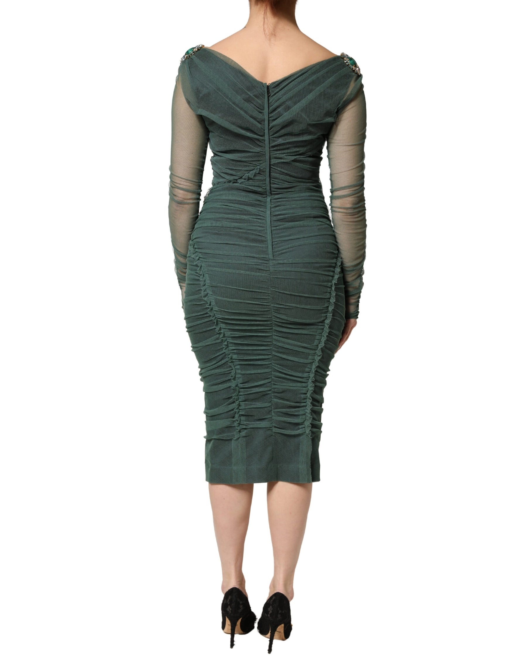 Dolce & Gabbana Green Ruched Mesh Sheer Sleeves Midi Dress | Regal Royce