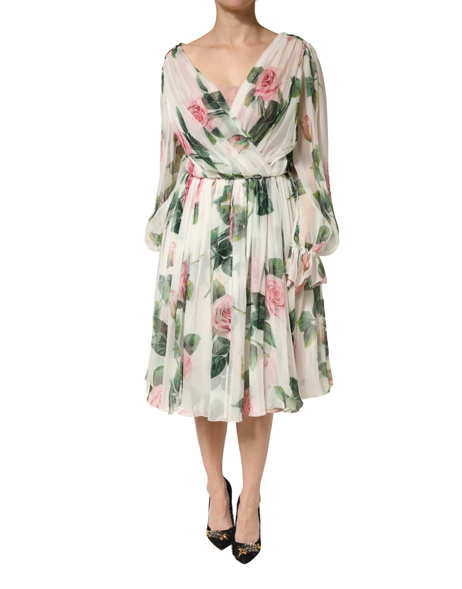 Dolce & Gabbana Floral Rose Ivory Silk Blend Longsleeve Dress | Regal Royce