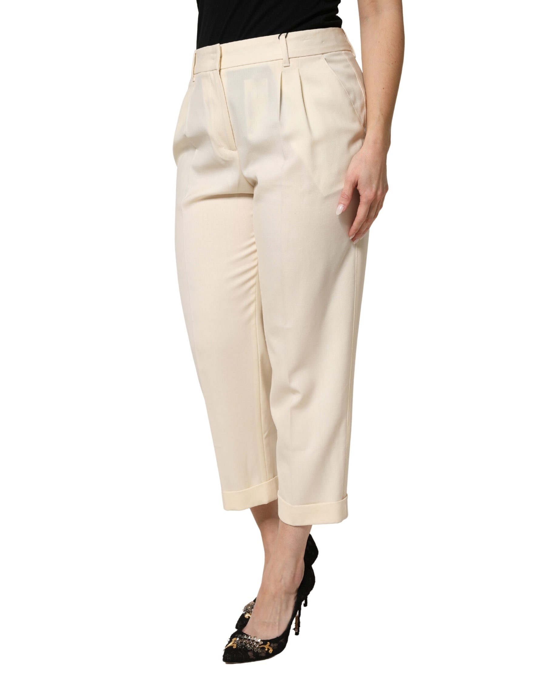 Dolce & Gabbana Ivory Wool Mid Waist Cropped Trouser Pants | Regal Royce