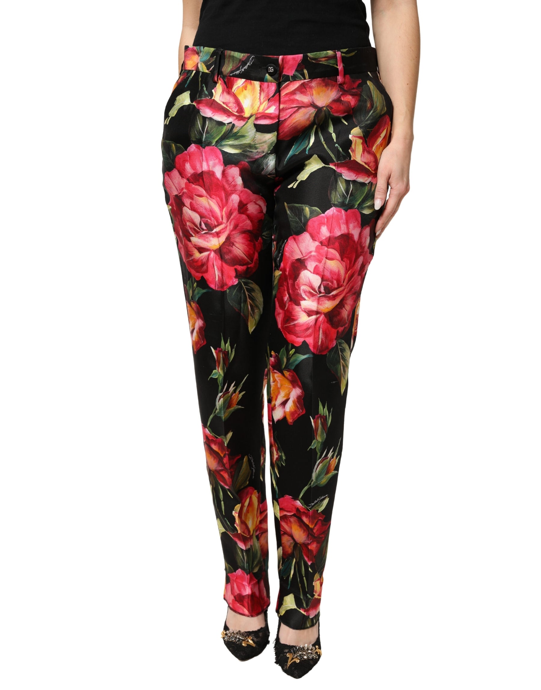 Dolce & Gabbana Black Floral Silk Mid Waist Tailored Trousers Pants | Regal Royce
